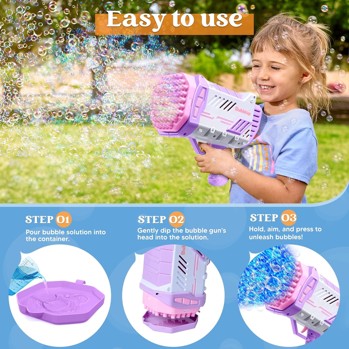 Sloosh Bubble Machine Gun W/Solution for Kids Ages 4-8, Light-Up Bazooka Rocket Shape Bubble Guns Blaster for Outdoor, Summer Toys Gifts, Party, Wedding, Easter