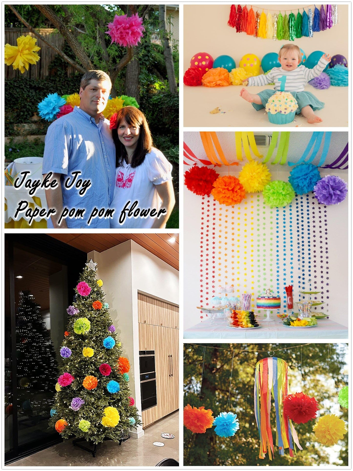 20pcs Colorful Paper Pom Poms Set for Party Decor (Mixed Size 8/10/12 Inch)