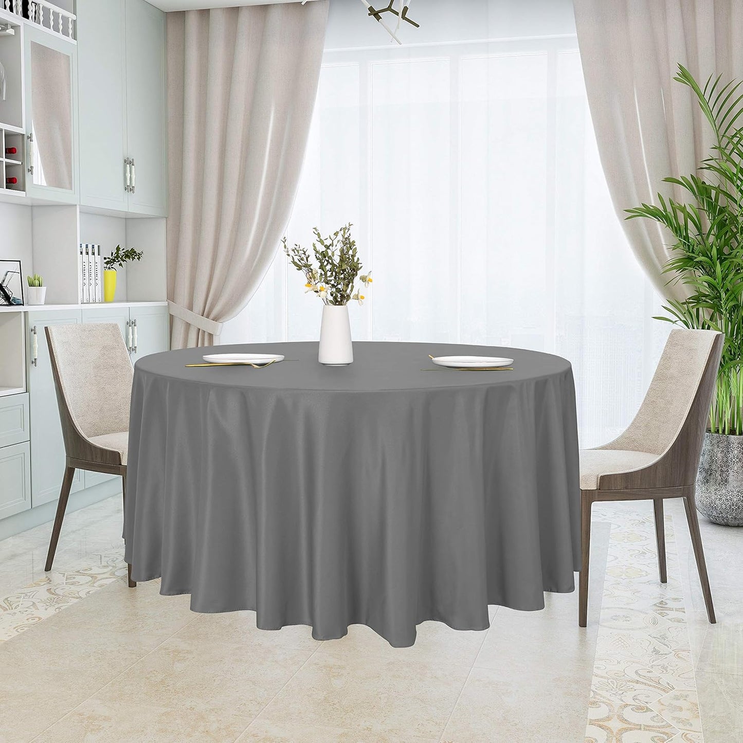 sancua Round Tablecloth - 120 Inch - Water Resistant Spill Proof Washable Polyester Table Cloth Decorative Fabric Table Cover for Dining Tables, Buffet Parties and Camping, Light Grey