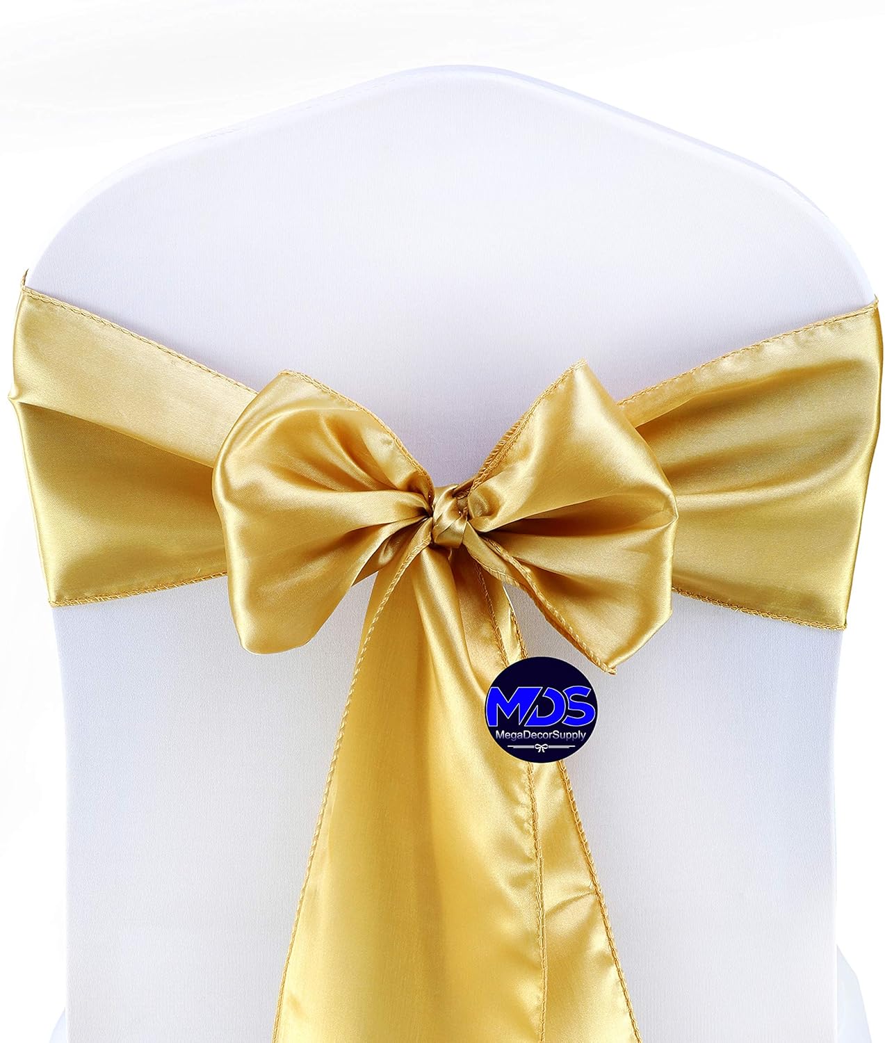 MDS Pack of 10 PCS Satin Chair Sashes Charmeuse Sateen Dining Chair Bows Ribbon Ties Back Sash for Wedding Party Birthday Home Hotel Restaurant Banquet Decoration (7 x 108 Inch, Gold)