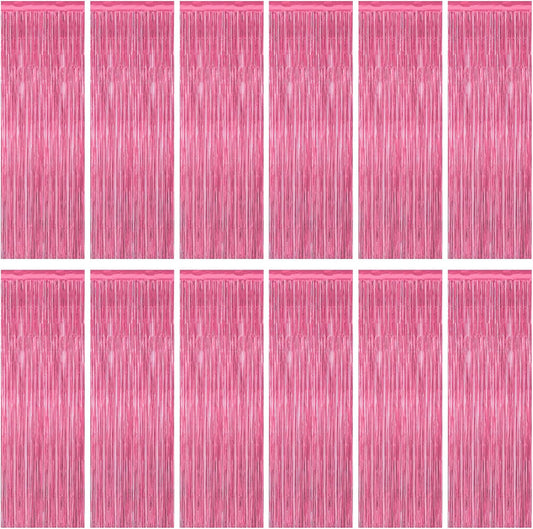 12 Pack Pink Backdrop, 3.28 FT x 7.05 FT Foil Fringe Curtains, Metallic Pink Tinsel Curtain Party Streamer Birthday Backdrop for Girl, Brithday Decorations Bachelorette Party Supplies