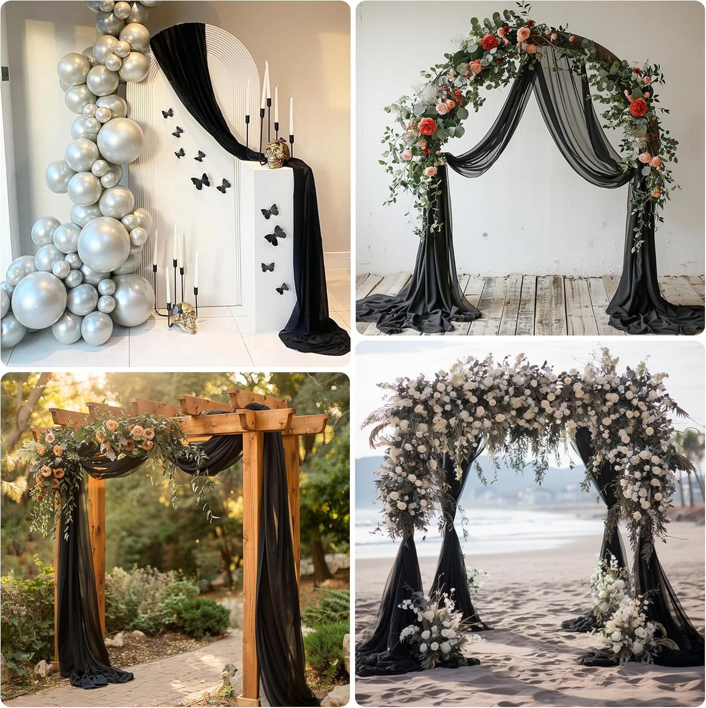 Wedding Arch Draping Fabric 2 Panels 28.7" x 20FT Black Sheer Chiffon Backdrop Drapes for Wedding Ceremony Birthday Party Bridal Shower Outdoor Decoration