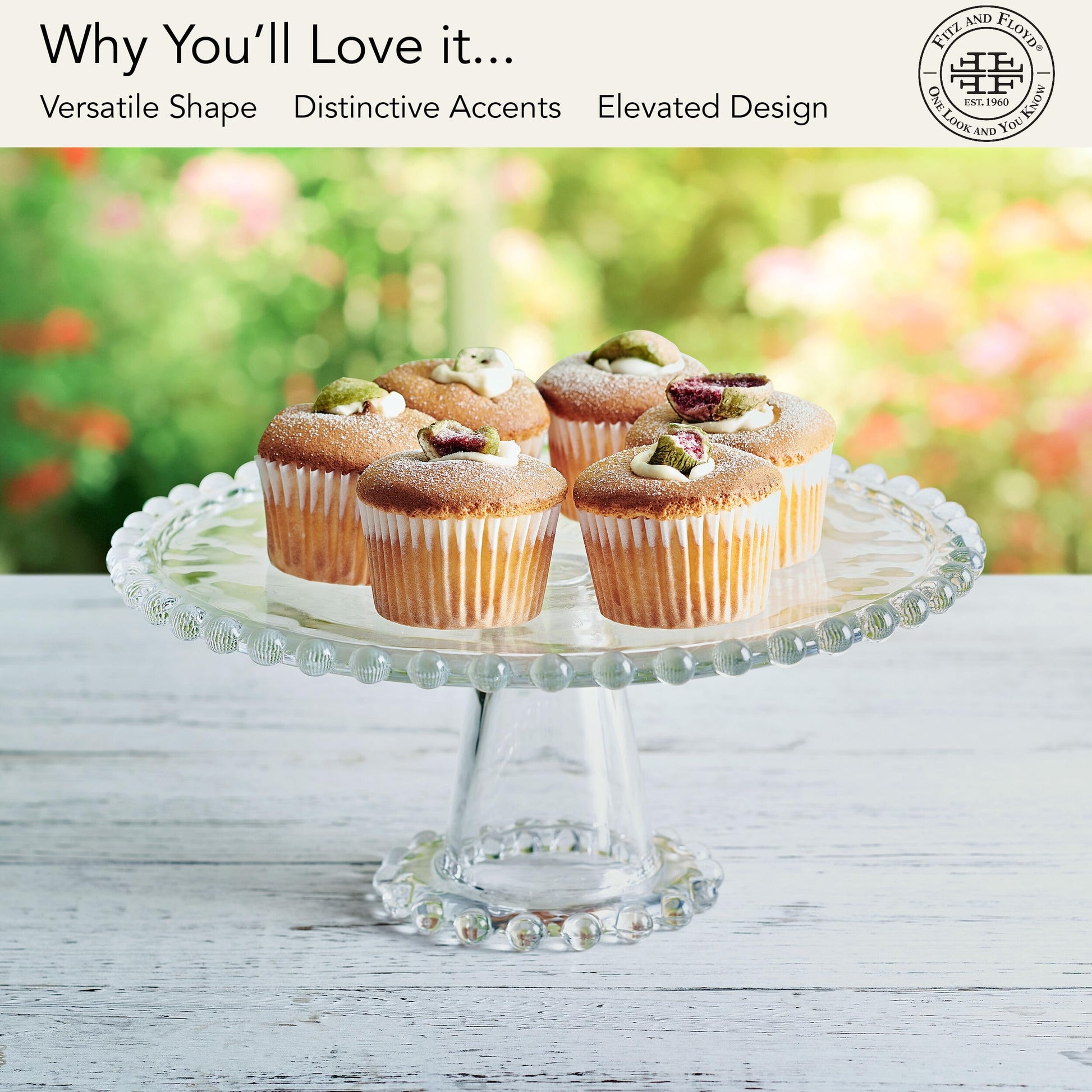 Fitz & Floyd Beaded Large Glass Cake Stand, 10.75 Inch Clear Glass Pedestal Cake Stand for