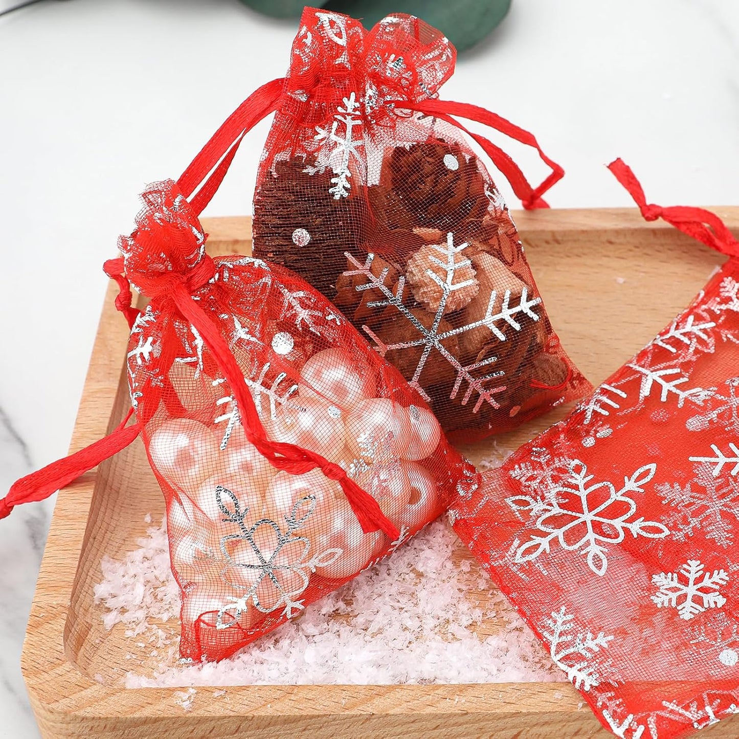 jijAcraft 3x4Inch Christmas Organza Bags - 50Pcs Red Snowflake Gift Bags, Xmas Party Favor Drawstring Mesh Gift Pouches for Winter Gift, Candy, Jewelry Bags
