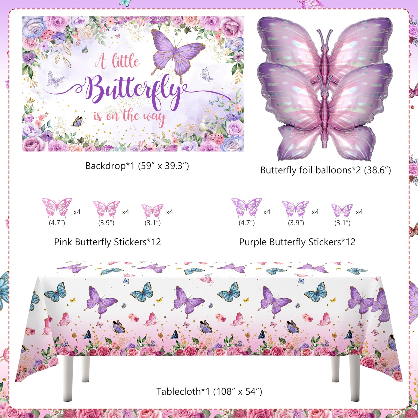 Butterfly Baby Shower Decorations for Girl Pink Purple Party Decoration Set