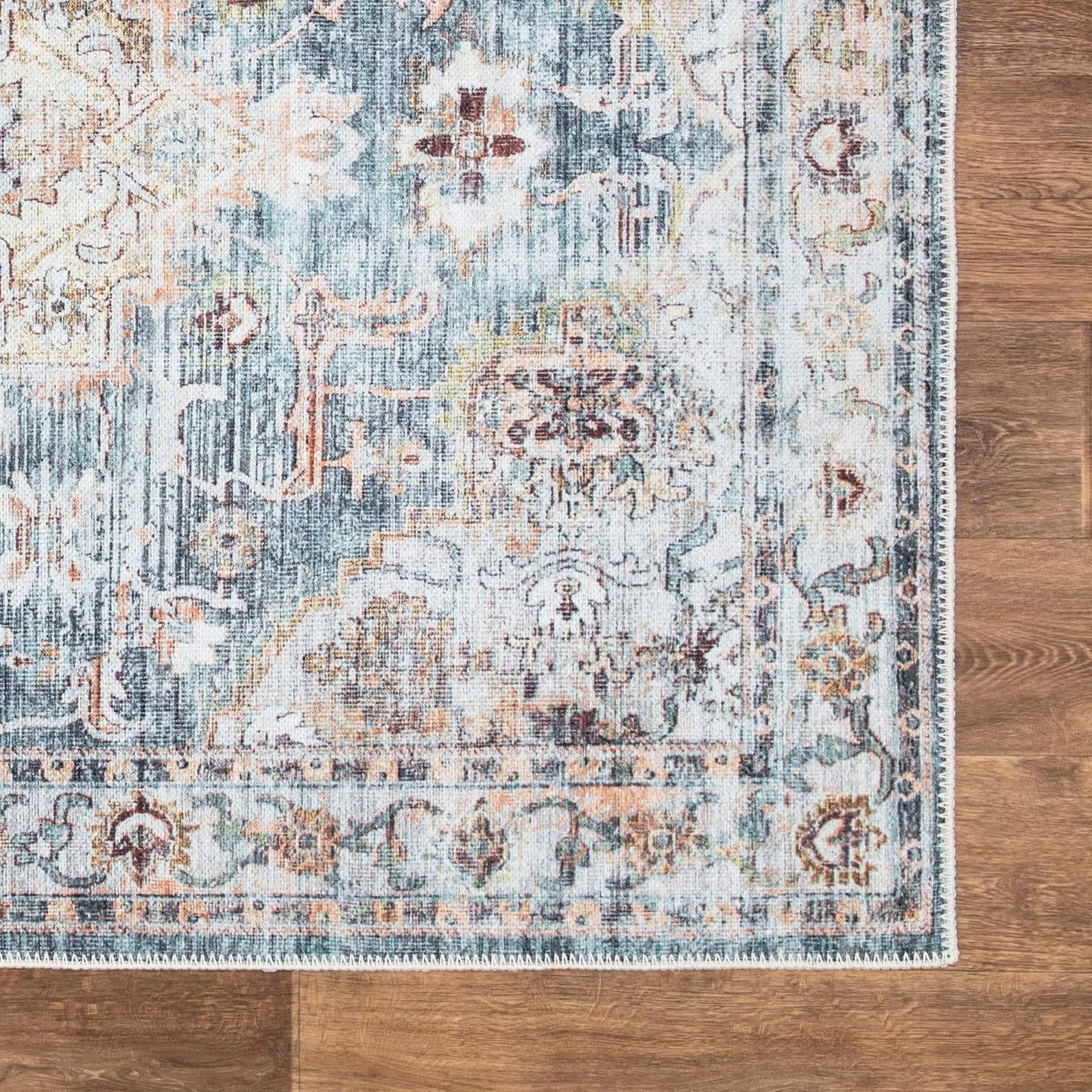 Bloom Rugs Washable Non-Slip 3' x 5' Rug - Teal/Peach Traditional Area Rug for Living Room, Bedroom, Dining Room, and Kitchen - Exact Size: 3' x 5'