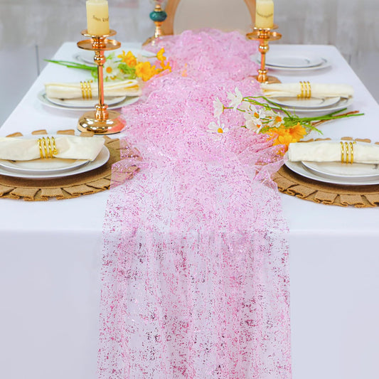 Snowkingdom 10 FT Pink Table Runner, Sequin Glitter Sheer Chiffon Gauze Cheesecloth Pastel Runner 120 Inch , Pink Party Table Decoration for Birthday Wedding Bridal Baby Shower Spring Summer Holiday