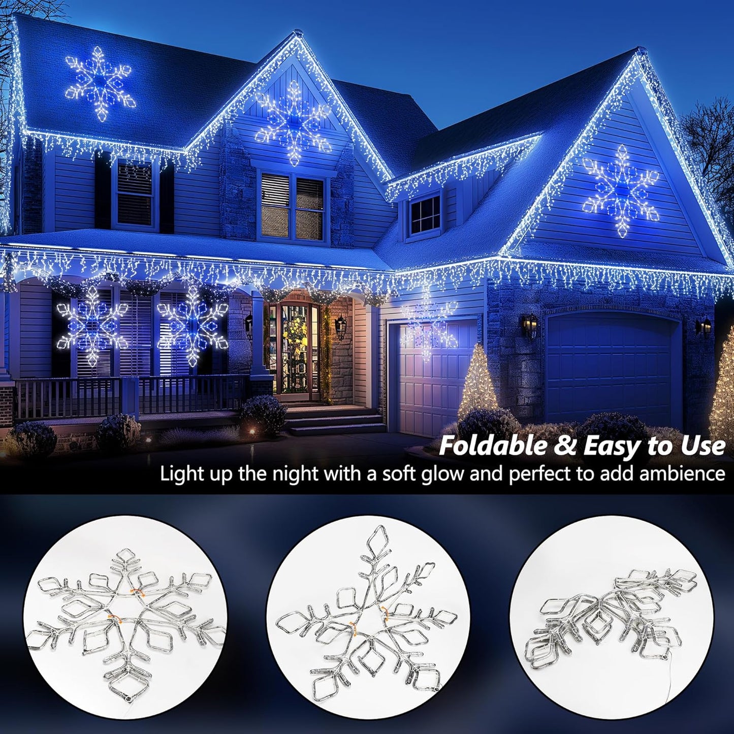 Christmas 35'' Snowflake Lights Decoration - Outdoor Waterproof Christmas Lights Super-Bright White and Blue with Ultimate Timer for Outdoor Home Party Wall Hanging Light