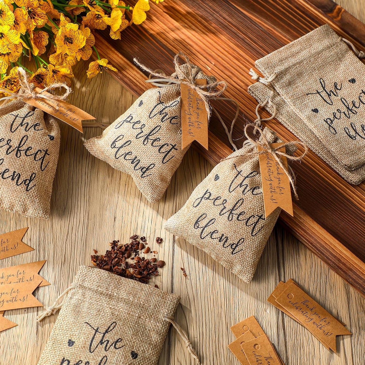 Fumete 50 Sets Wedding Coffee Party Favors for Guests the Perfect Blend Coffee Bean Bags Kraft Thank You Cards Organizer Reusable Burlap Bag and Twine Bridal Shower Souvenirs Gift, No Beans