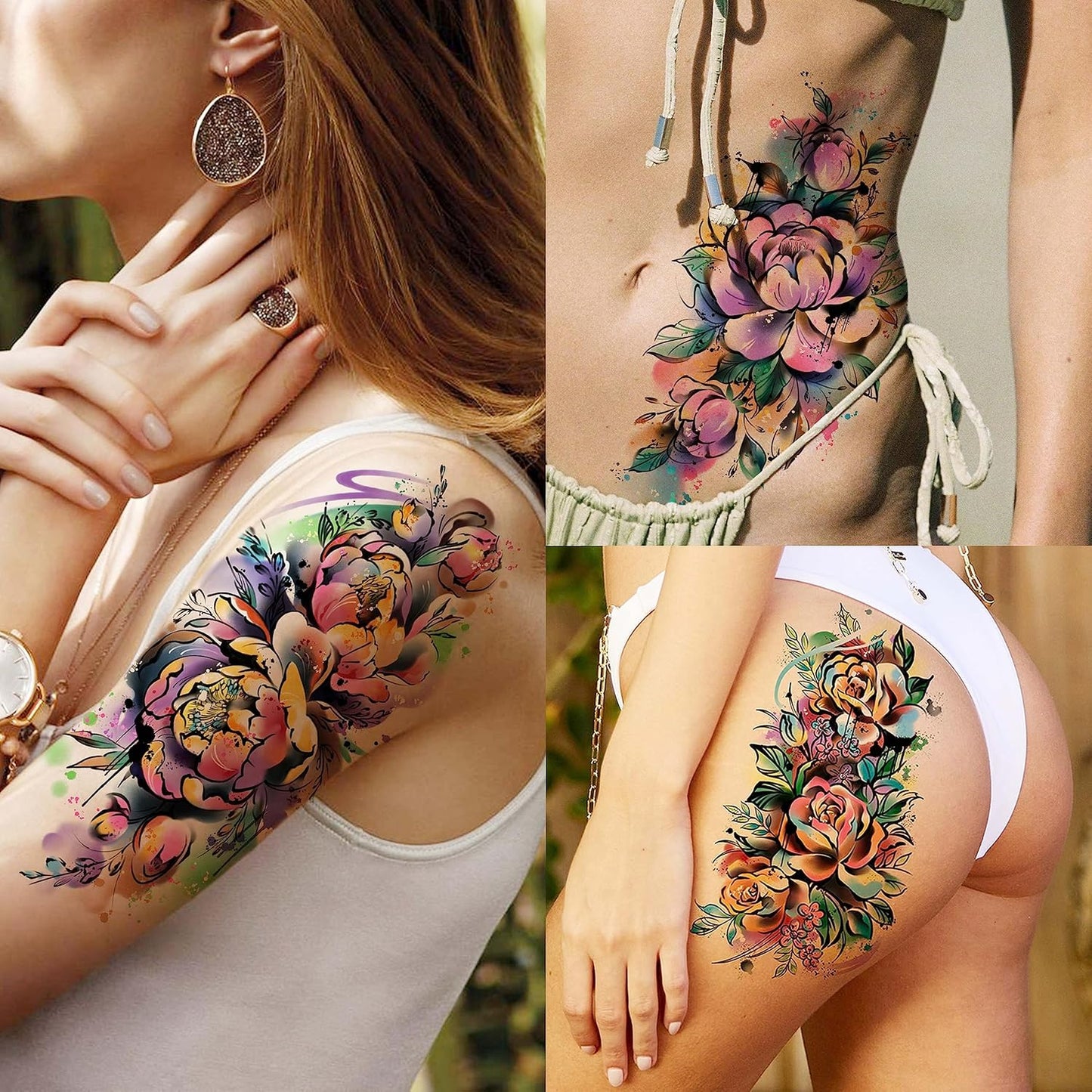 63 Sheets 3D Watercolor Rose Temporary Tattoos For Women Arm Girls Adults, Water Color Peony Flower Tattoo Sticker, Bulk Temp Fake Long Lasting Tattoo Colorful Floral Moon Snake Lion Wolf Tiger