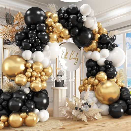 412Pcs Black and Gold Balloons,18 12 10 5 Inch Different Size Black White Metallic Gold Latex Balloons for Graduation Birthday Wedding Party Decorations