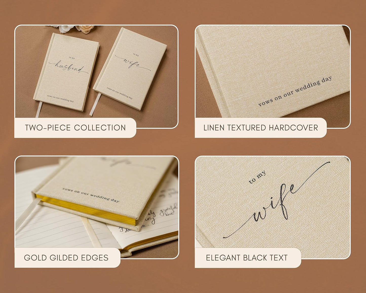 To My Husband/Wife Hardcover Vow Books (Set of 2) - 5.75 x 5 Minimalist Pocket Sized Black Embossed Wedding Ceremony Vow Renewal Speech Notebook