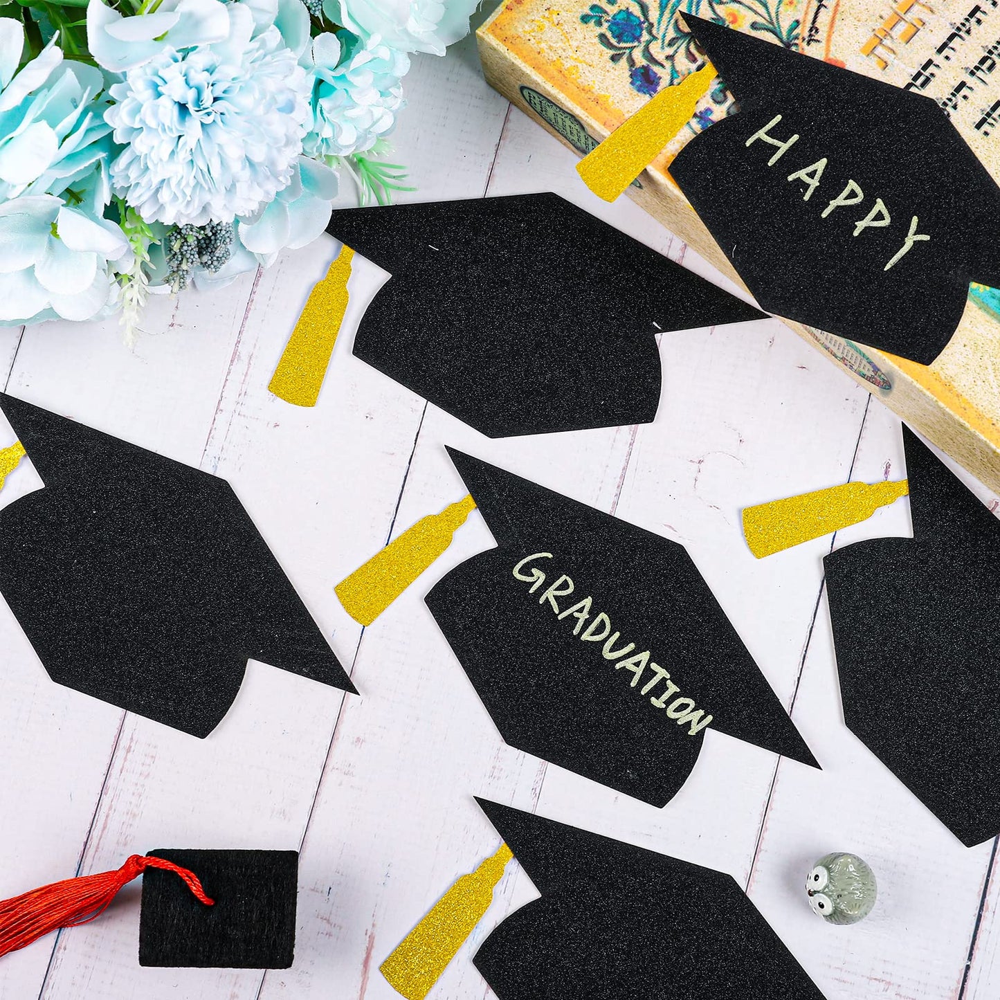 Whaline 50Pcs Grad Caps Cutouts Glitter Black Gold Graduation Hat Cutouts 5.7 Inch Grad Cap