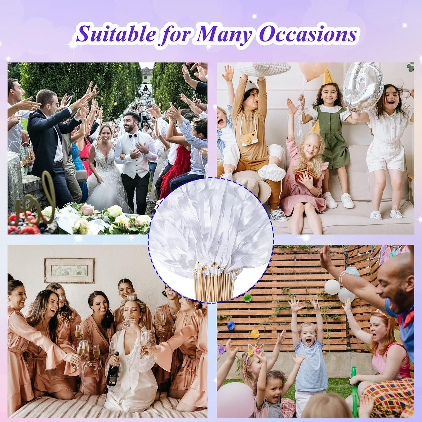 60 Pieces Wedding Colorful Ribbon with Bells, Party Ribbons Streamers Sticks Magic Wish Fairy Wand for Wedding Party Holiday Activities Favors (White-60)