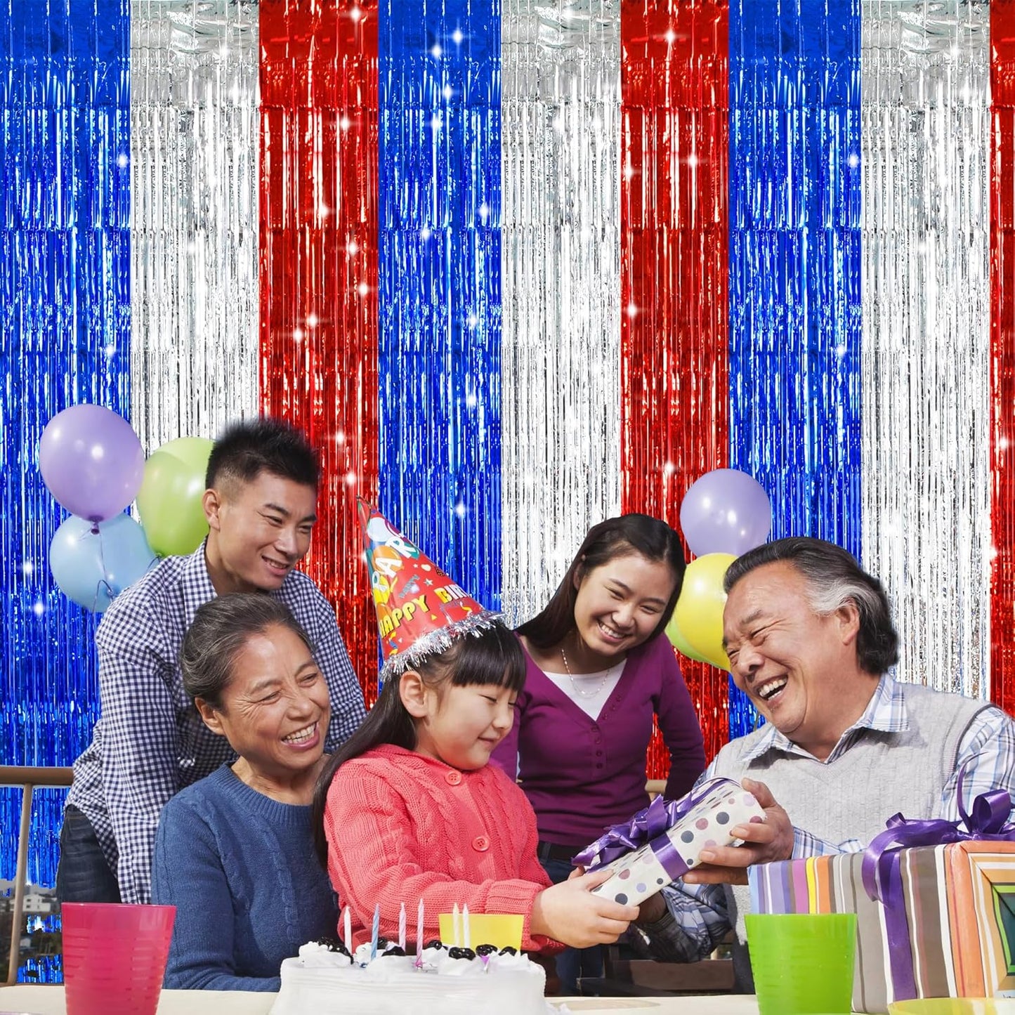 TONIFUL Red White and Blue Tinsel Foil Fringe Curtains,4th of July Decorations Independence Day Photo Booth Backdrop,Metallic Door Streamers for Patriotic Party Memorial Day Labor Day Supplies