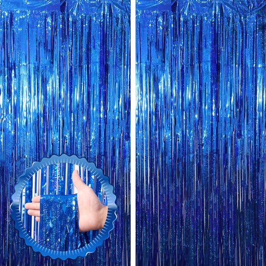 2 Pack Blue Tinsel Foil Fringe Curtains, Blue Party Decorations, Metallic Tinsel Party Streamers Backdrop for Birthday Baby Shower Graduation Wedding Anniversary Party Decorations