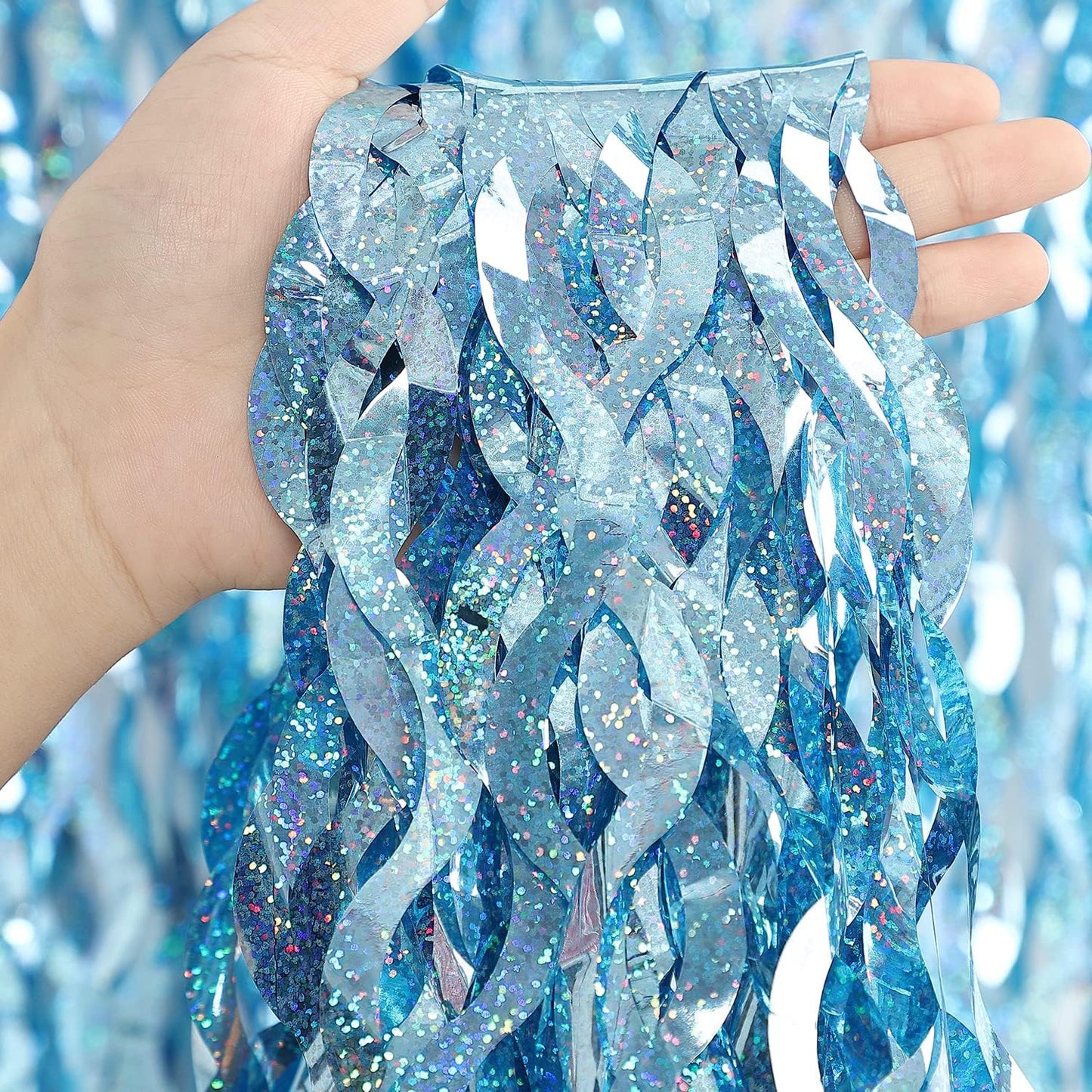 3 Pack 3.3 ft x 6.6 ft Tinsel Foil Fringe Curtain Blue - Foil Fringe Backdrop Wall Curtains for Baby Shower,Mermaid,Under The Sea,Ocean,Frozen Party Decorations