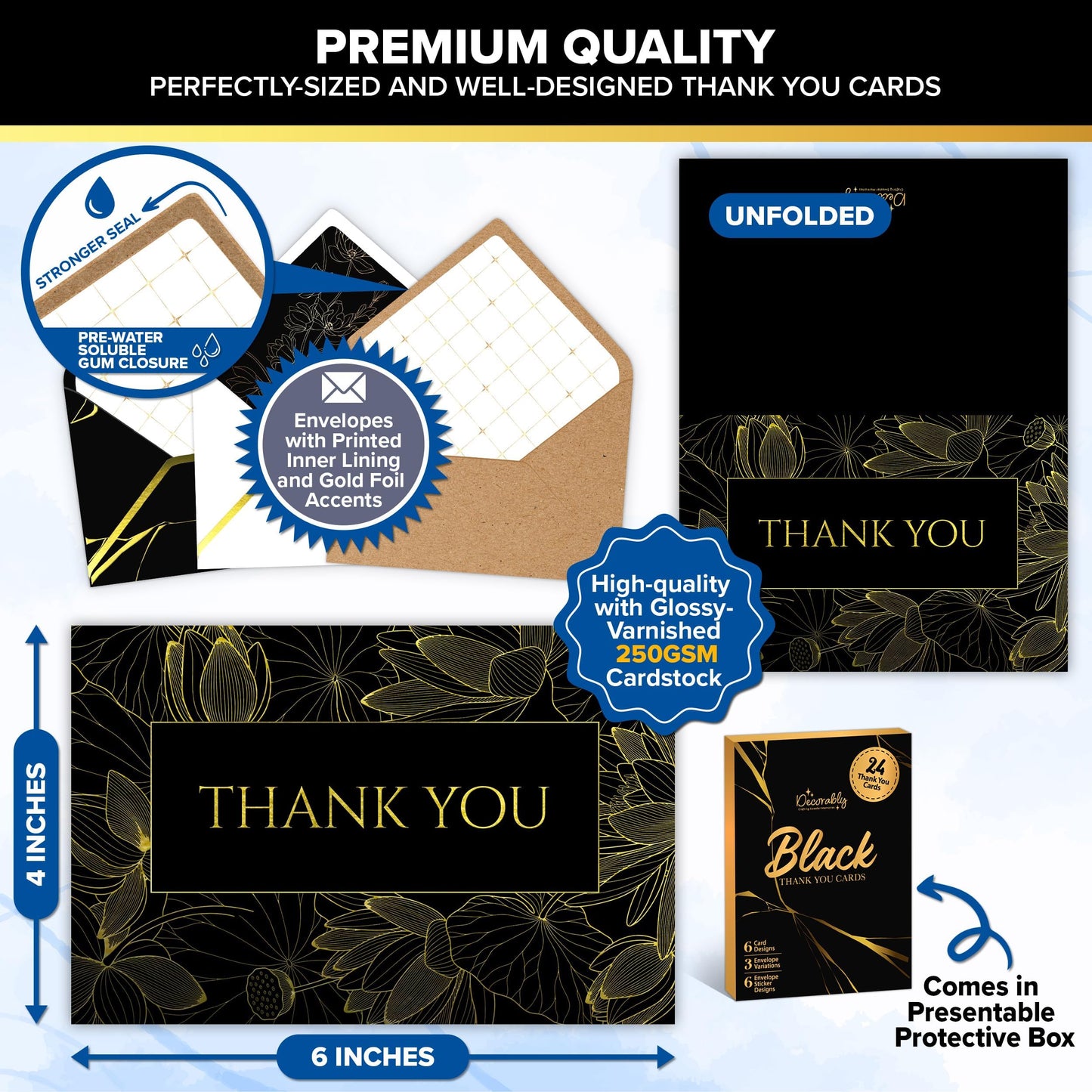 Decorably 24 Pack Gold Foil 6x4in Black Thank You Cards with Envelopes
