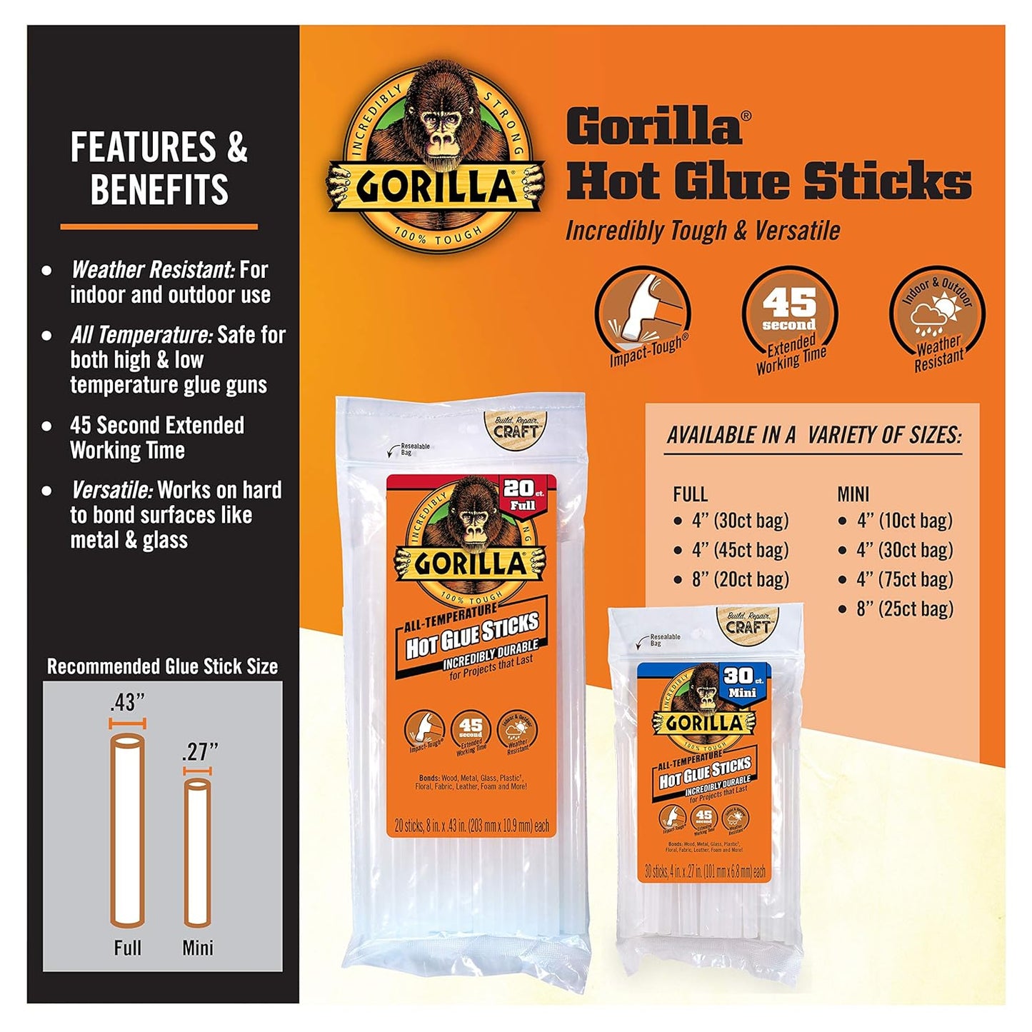 Gorilla Hot Glue Sticks, Clear Glue, Full Size 8" Long x 0.43" Diameter, 20 Count (Pack of 1) - Safe for All Temperatures with Extended Working Time