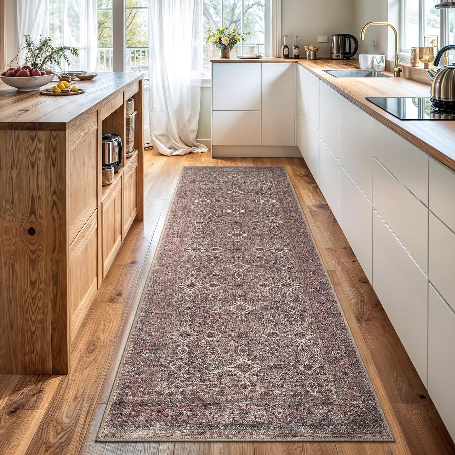 Bloom Rugs Washable Non-Slip 7 ft Runner - Beige Traditional Bordered Runner for Entryway, Hallway, Bathroom, and Kitchen - Exact Size: 2.5' x 7'