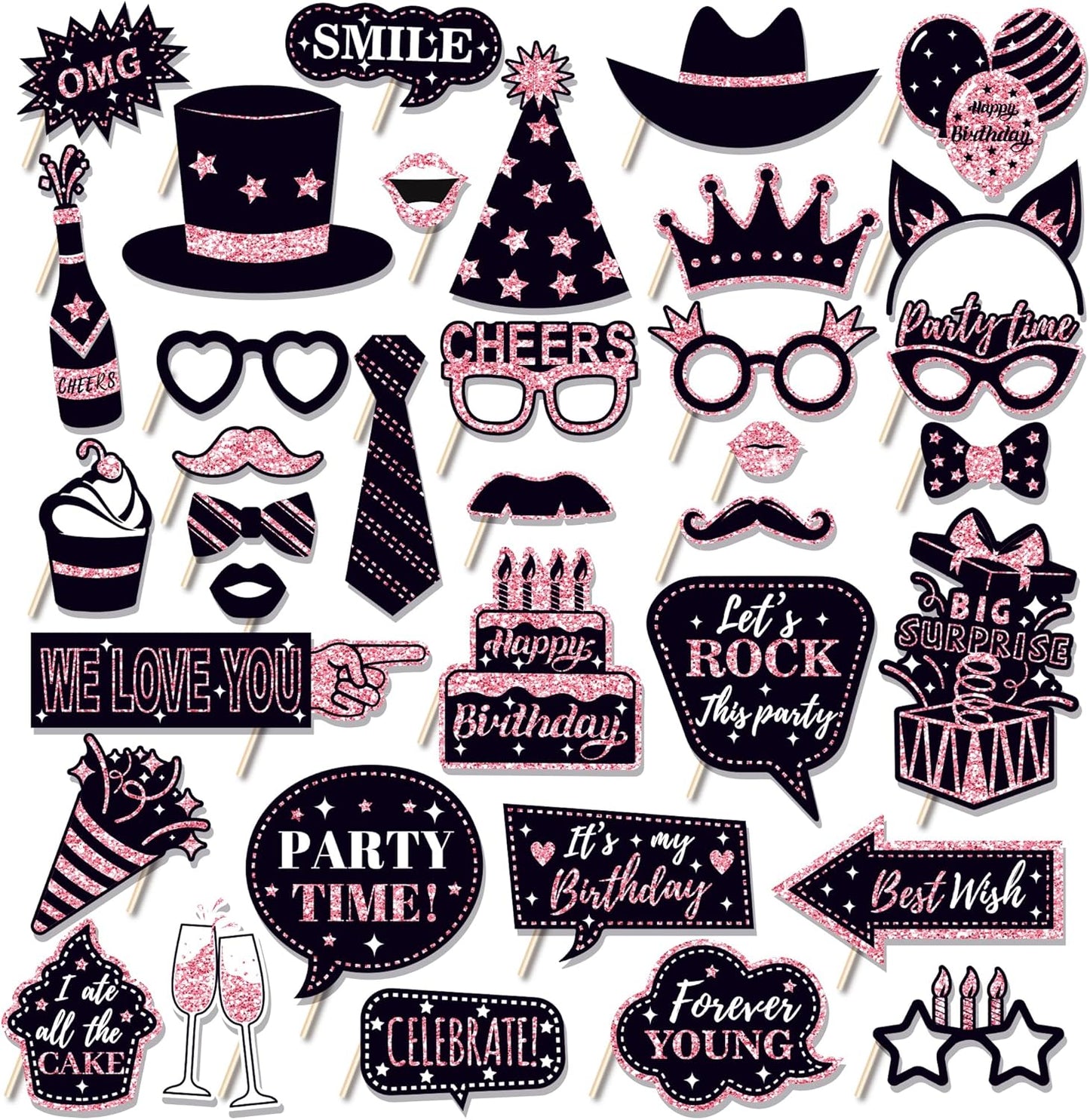 36 PCS Birthday Photo Booth Props Party Supplies Holiday Picture Decorations Photo Booth Props for Birthday Party Favors Pose Sign Kit Fun for Party (Black and Pink)