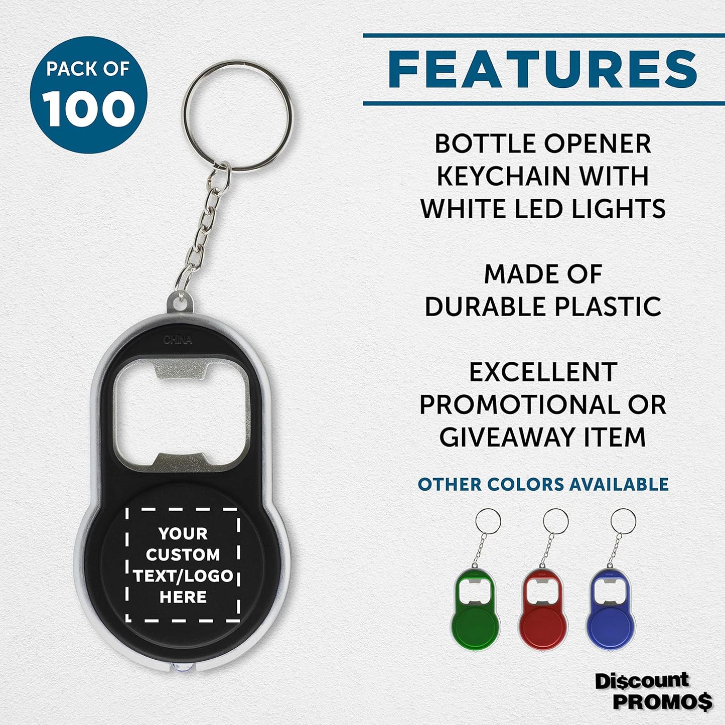 DISCOUNT PROMOS Custom Bottle Opener & LED Keychains Set of 100, Personalized Bulk Pack - Perfect for Tradeshows, Party Favors, Other Events - Black