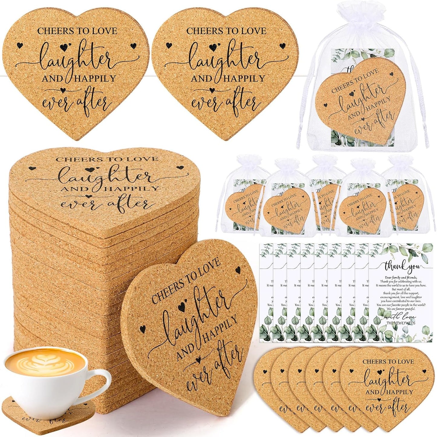 Uiifan 100 Set Wedding Favors for Guest Coaster Gifts Bulk Heart Shaped Coasters Thank You Cards Organza Bags Guest Souvenirs for Wedding Party Bridal Favors