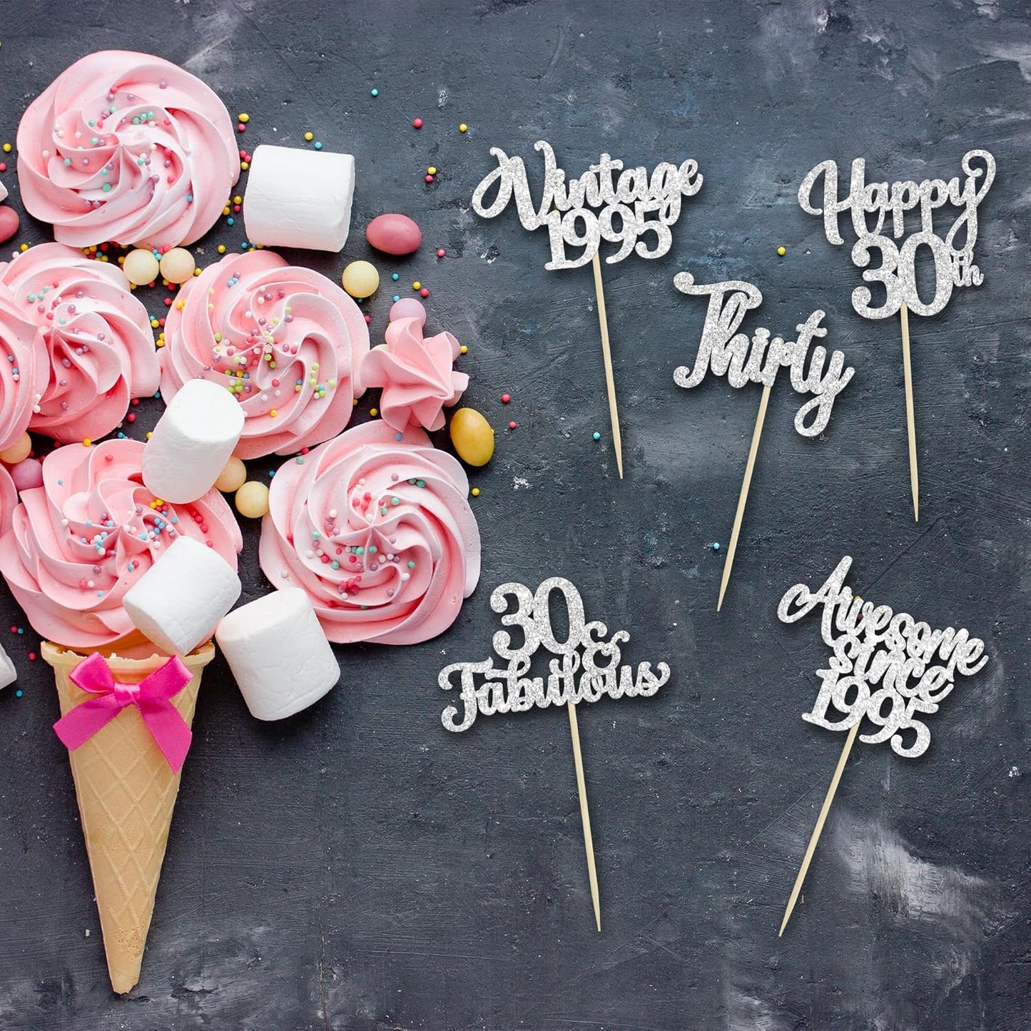 30Pcs Happy 30th Birthday Cupcake Toppers Glitter Thirty Vintage 1995 Cupcake Picks Cheers to 30 Fabulous Cake Decorations for 30th Birthday Wedding Anniversary Party Supplies Silver