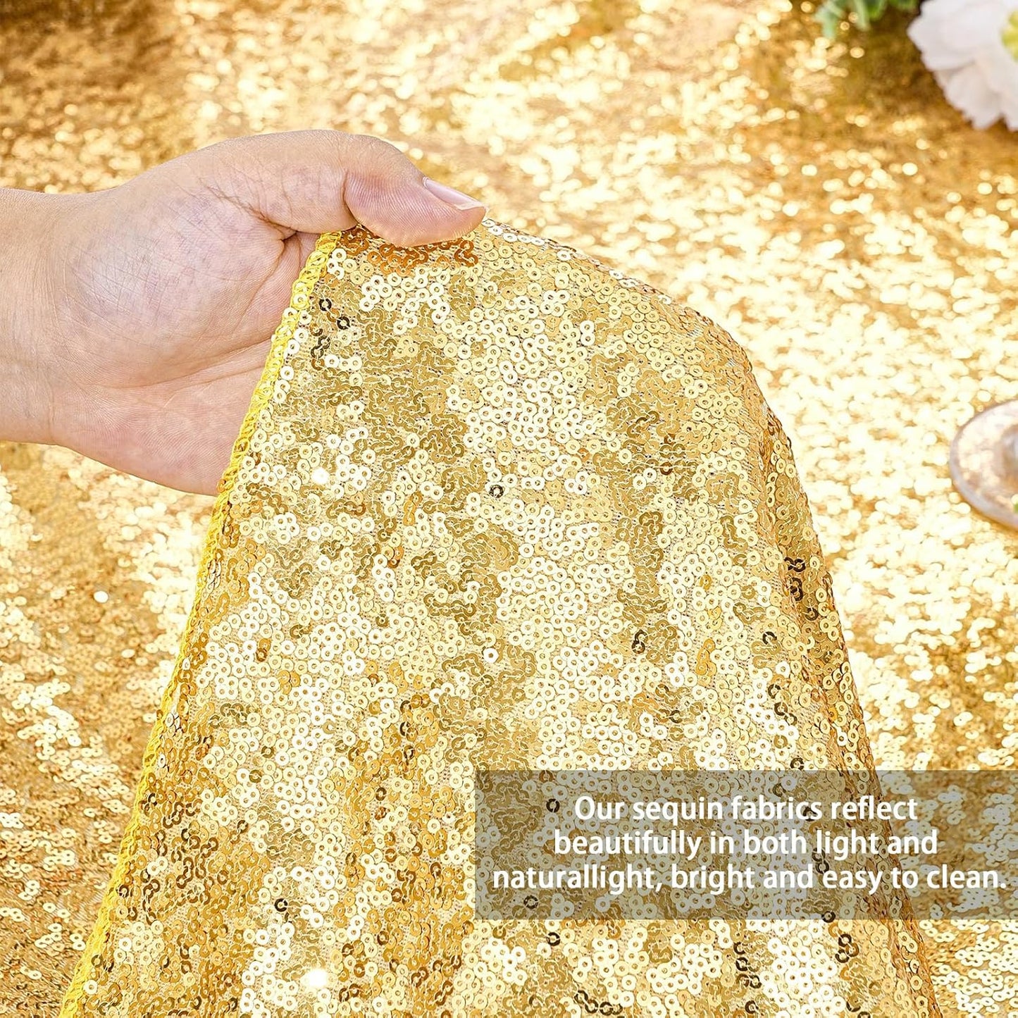 QueenDream Glitter Gold Tablecloth for Parties 90x156 Inch Sequin Fabric Rectangle Table Cloth for Wedding Birthday Banquet