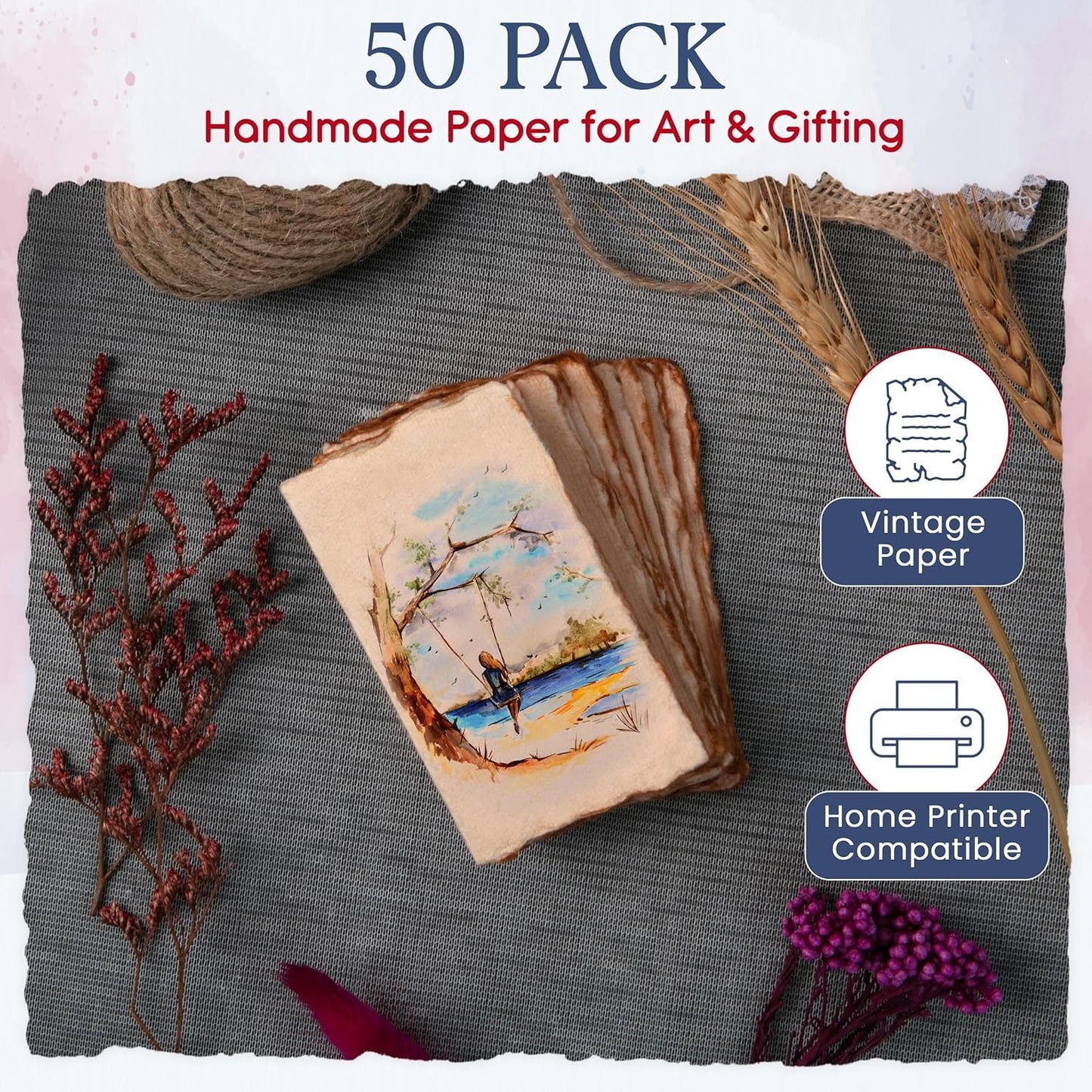 Wanderings Vintage Handmade Deckle Edge Folded Paper ??Folded to 3.5"x2" ??150 GSM - 50-Pack ??Textured Cotton Paper ??Ideal for Place Cards, Blank Name Cards, Table Settings, Gift Tags, Love Notes