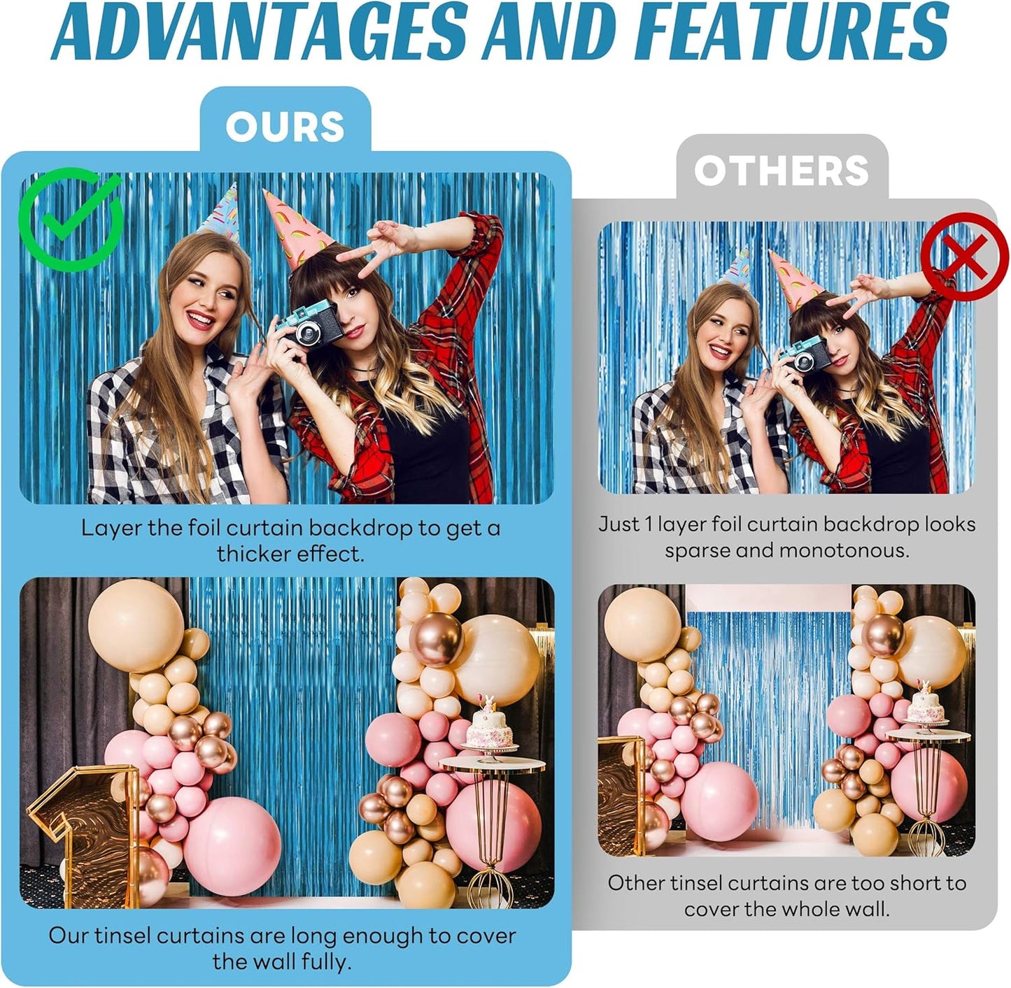 BTSD-home Aquamarine Foil Fringe Curtain, Metallic Photo Booth Backdrop Tinsel Door Curtains for Wedding Birthday Bridal Shower Baby Shower Bachelorette Christmas Party Decorations(4 Pack, 8ft x 3ft)