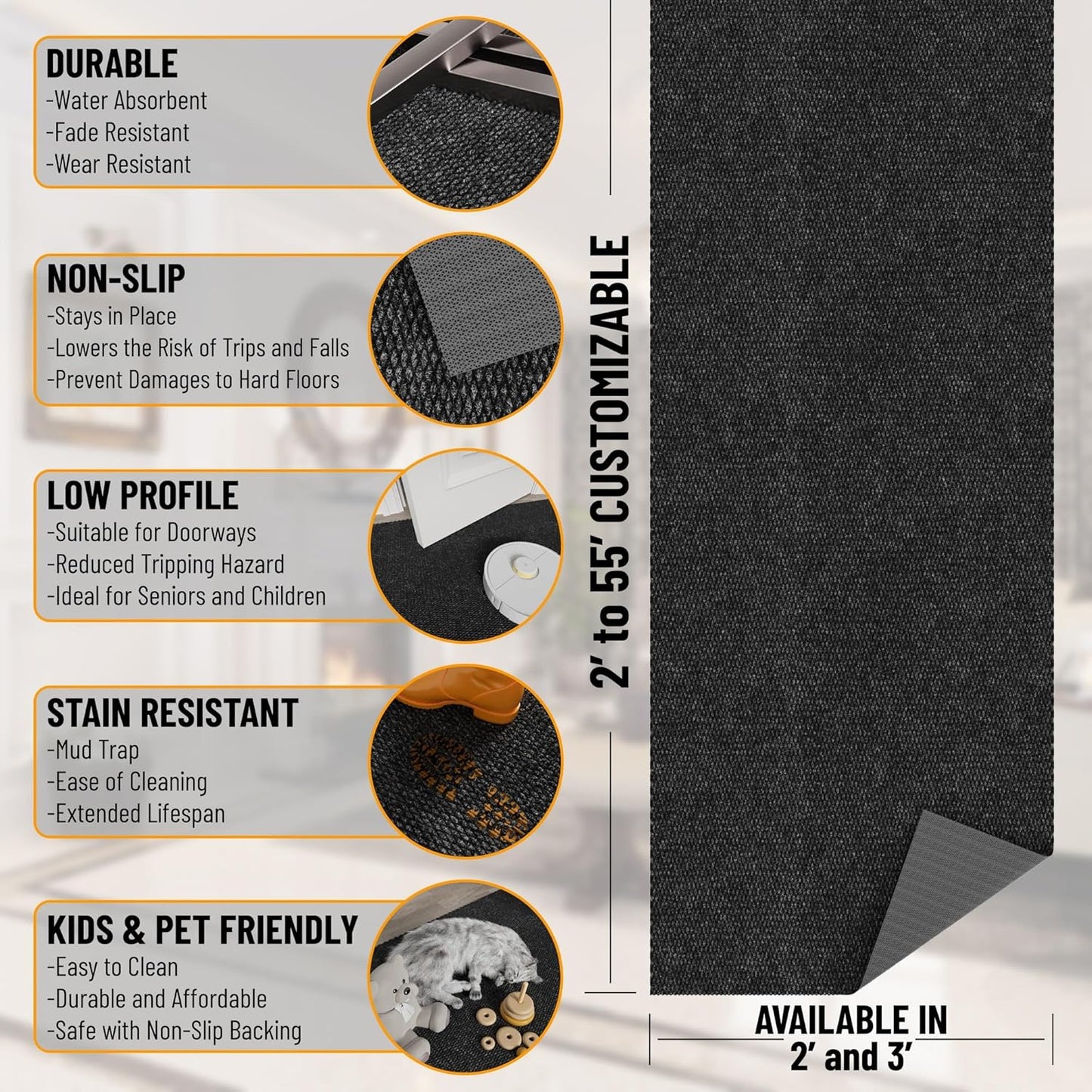 Ottomanson Commercial Scrape Rib Entry Mat – Heavy Duty Ribbed Floor Mat for High Traffic – Non Slip Rubber Back, Waterproof – Indoor Outdoor Use for Offices, Schools, Lobbies, 2' x 49', Black