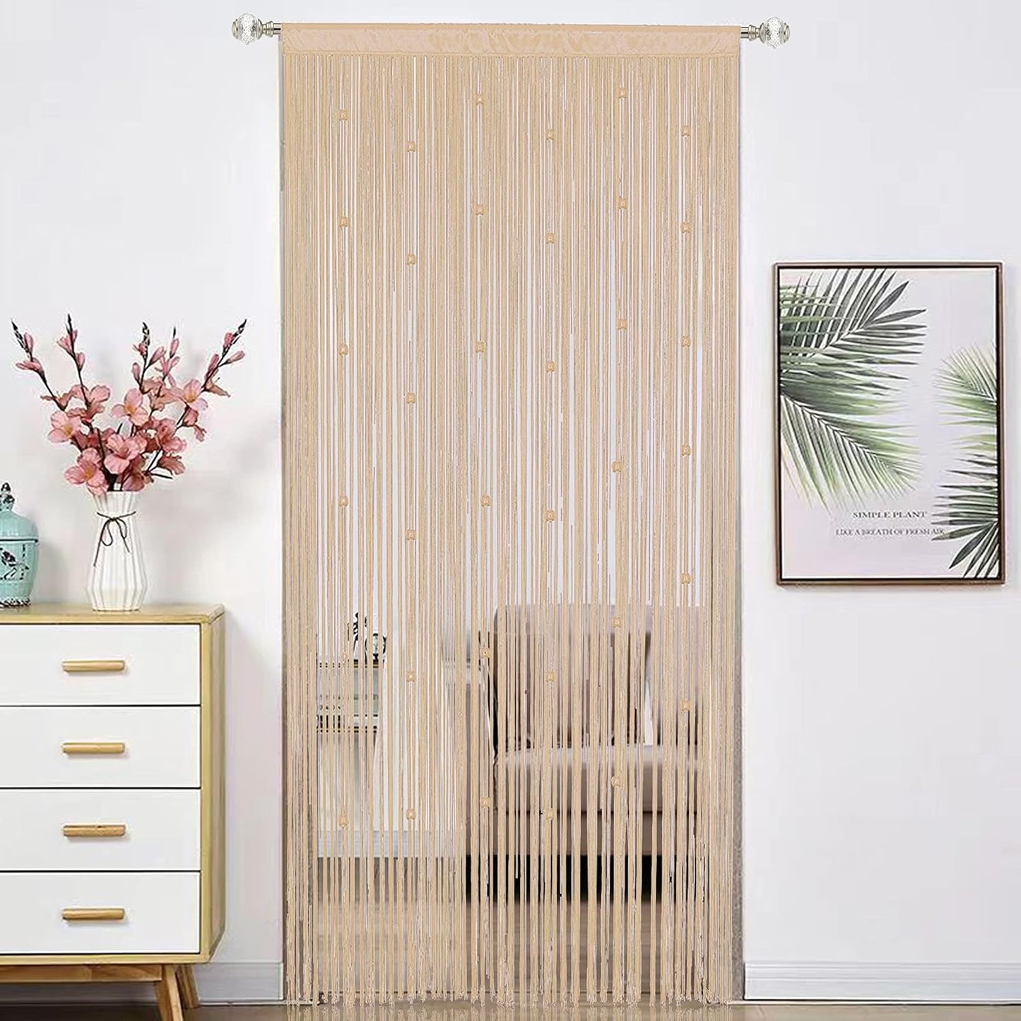 Beaded Curtain Beads Door String Curtains Ideal for Living Room Decor Wall Hanging Fringe Doorway Divider Bedroom Backdrop Hippie Window Closet Privacy Rod Pocket Dense (100x200cm,Beige)