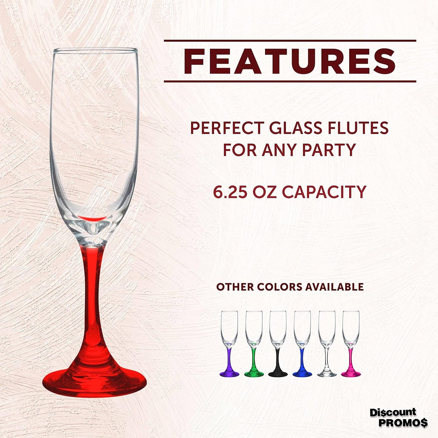 DISCOUNT PROMOS Premiere Champagne Flutes 6.25 oz. Set of 10, Bulk Pack - Elegant Drinkware for Weddings, Events, & Promotional Gifts - Red