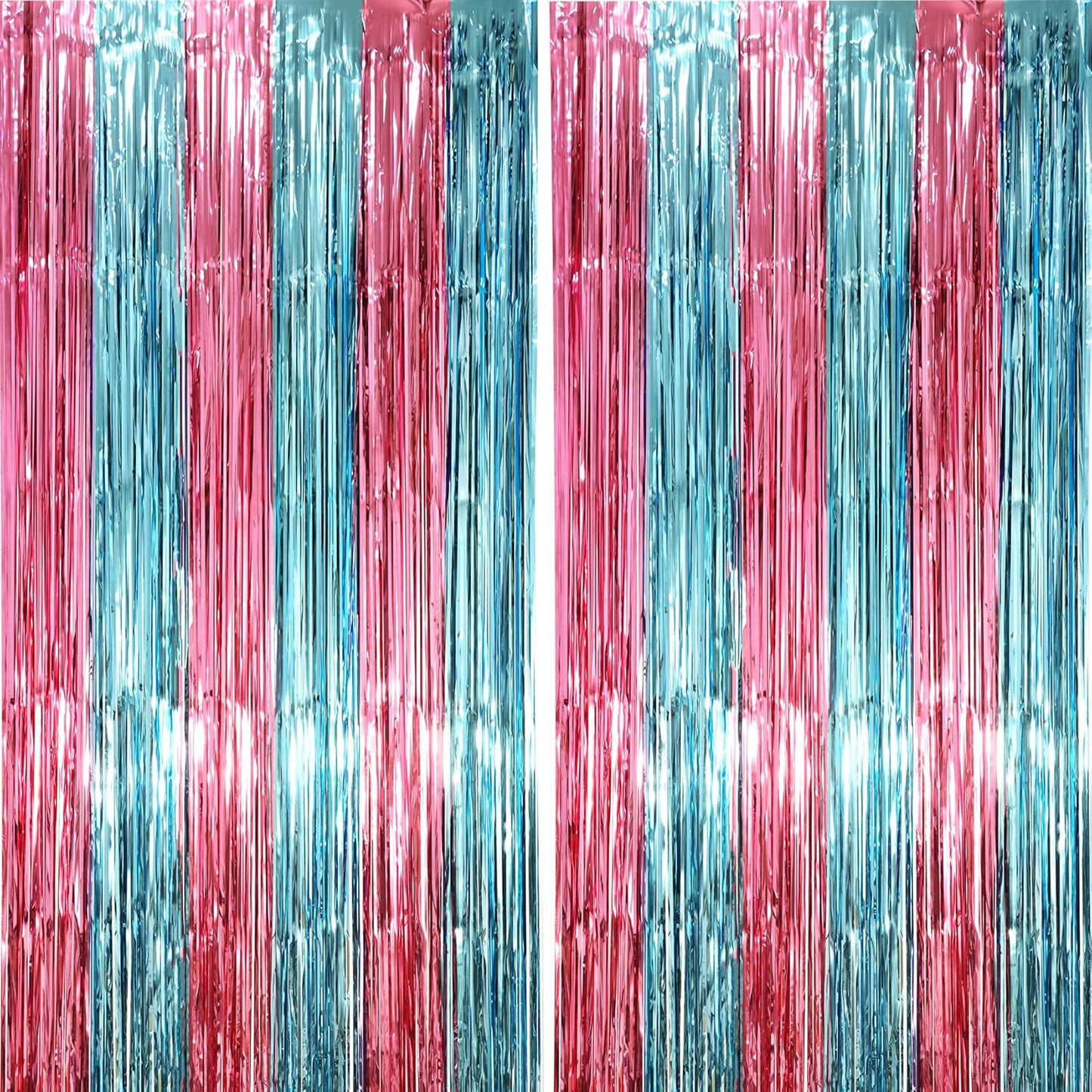 2 Pack Blue and Pink Foil Fringe Backdrop Curtains, Tinsel Streamers Mermaid Party Decorations, Fringe Backdrop for Mermaid Birthday, Baby Shower, Gender Reveal, Disco, Graduation Party