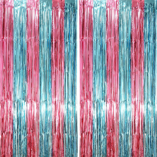 2 Pack Blue and Pink Foil Fringe Backdrop Curtains, Tinsel Streamers Mermaid Party Decorations, Fringe Backdrop for Mermaid Birthday, Baby Shower, Gender Reveal, Disco, Graduation Party