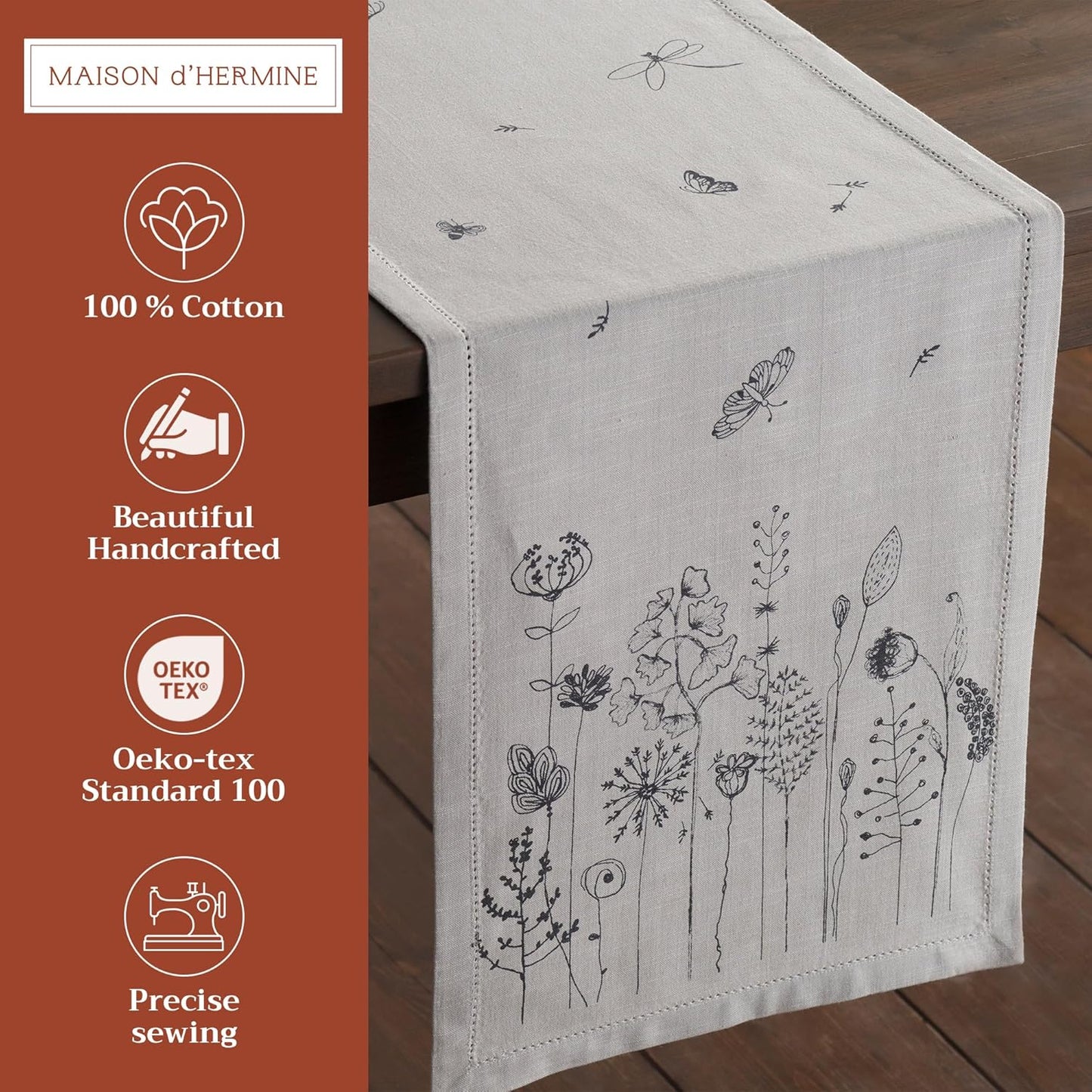 Maison d' Hermine Table Runner 100% Cotton Single Layer Table Runners 72 inches Long Decorative for Home Kitchen Dining Party Baby Shower Wedding Bridal Shower Spring Summer (Flore, 14.50" x 72")