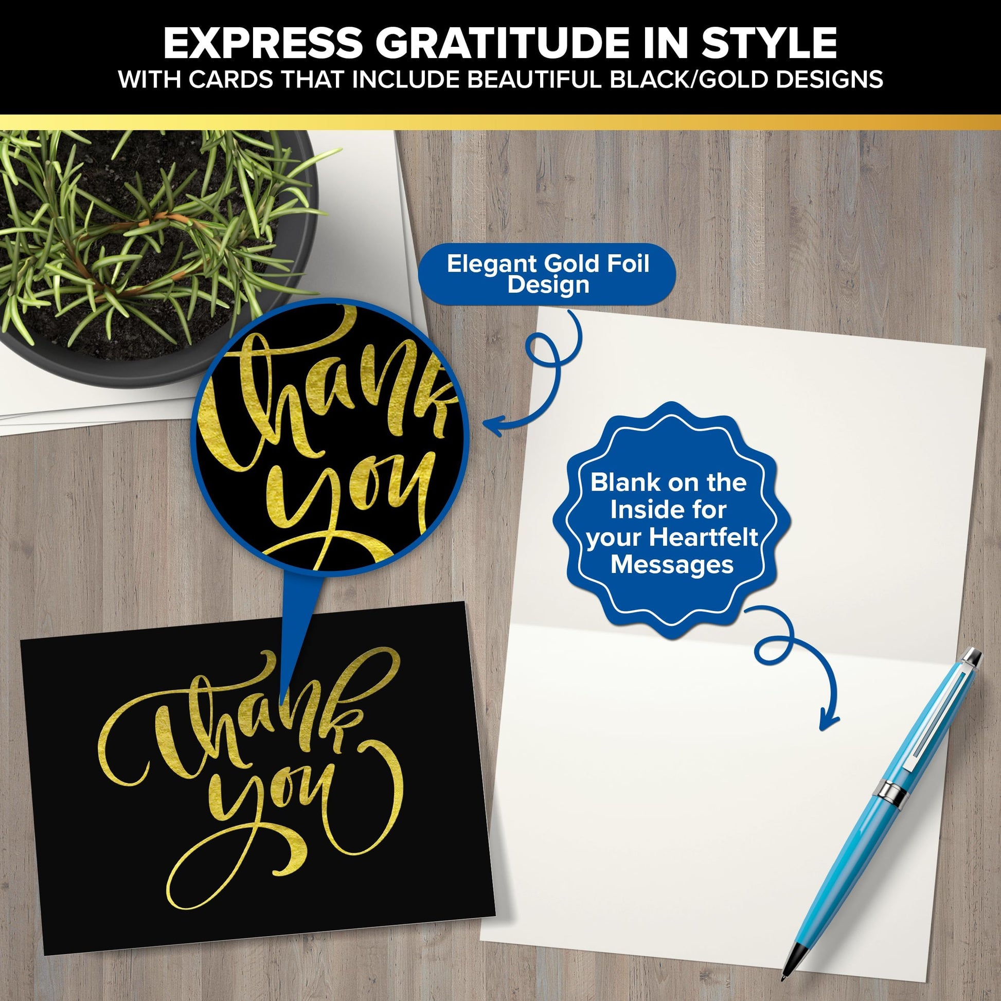 Decorably 24 Pack Gold Foil 6x4in Black Thank You Cards with Envelopes