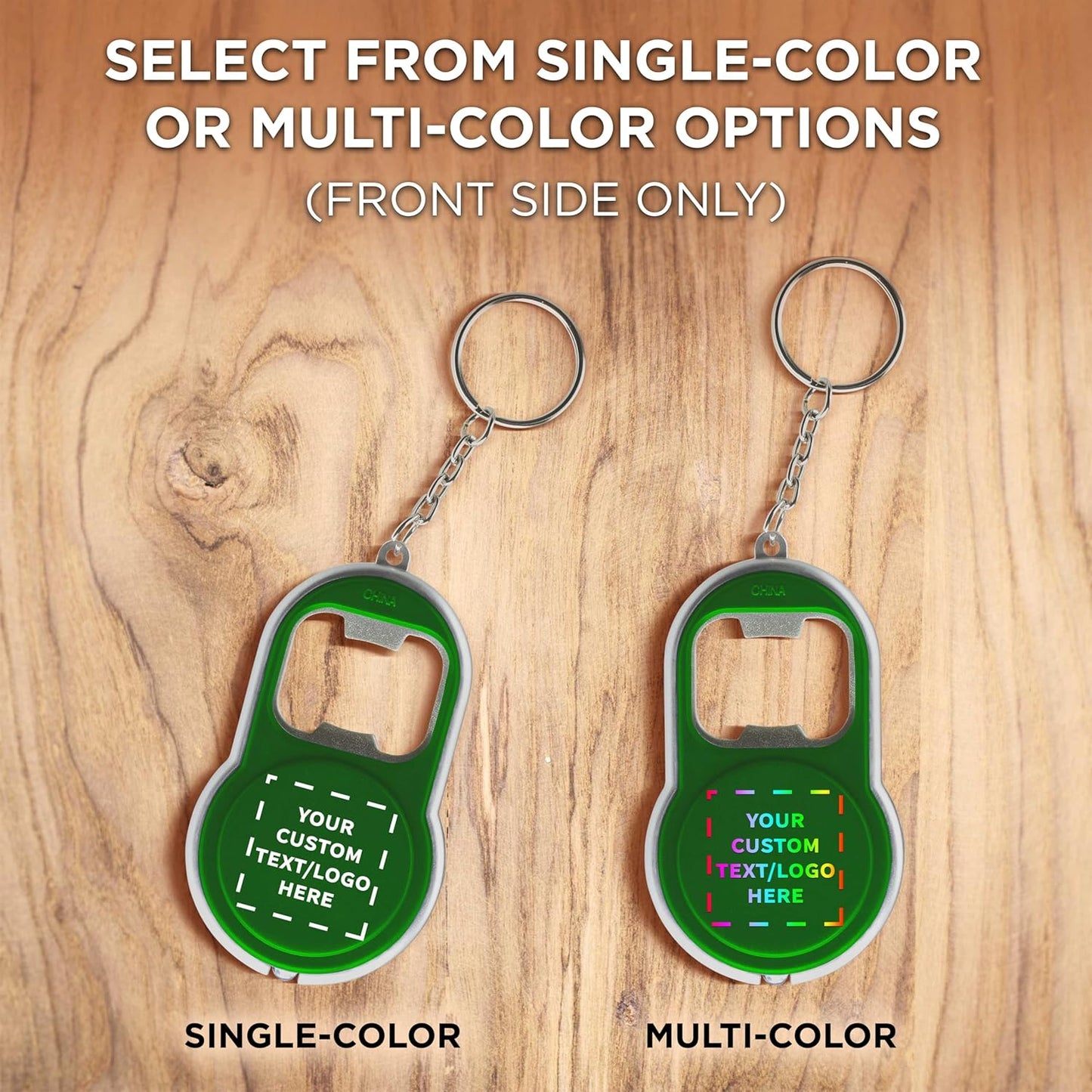 DISCOUNT PROMOS Custom Bottle Opener & LED Keychains Set of 10, Personalized Bulk Pack - Perfect for Tradeshows, Party Favors, Other Events - Green