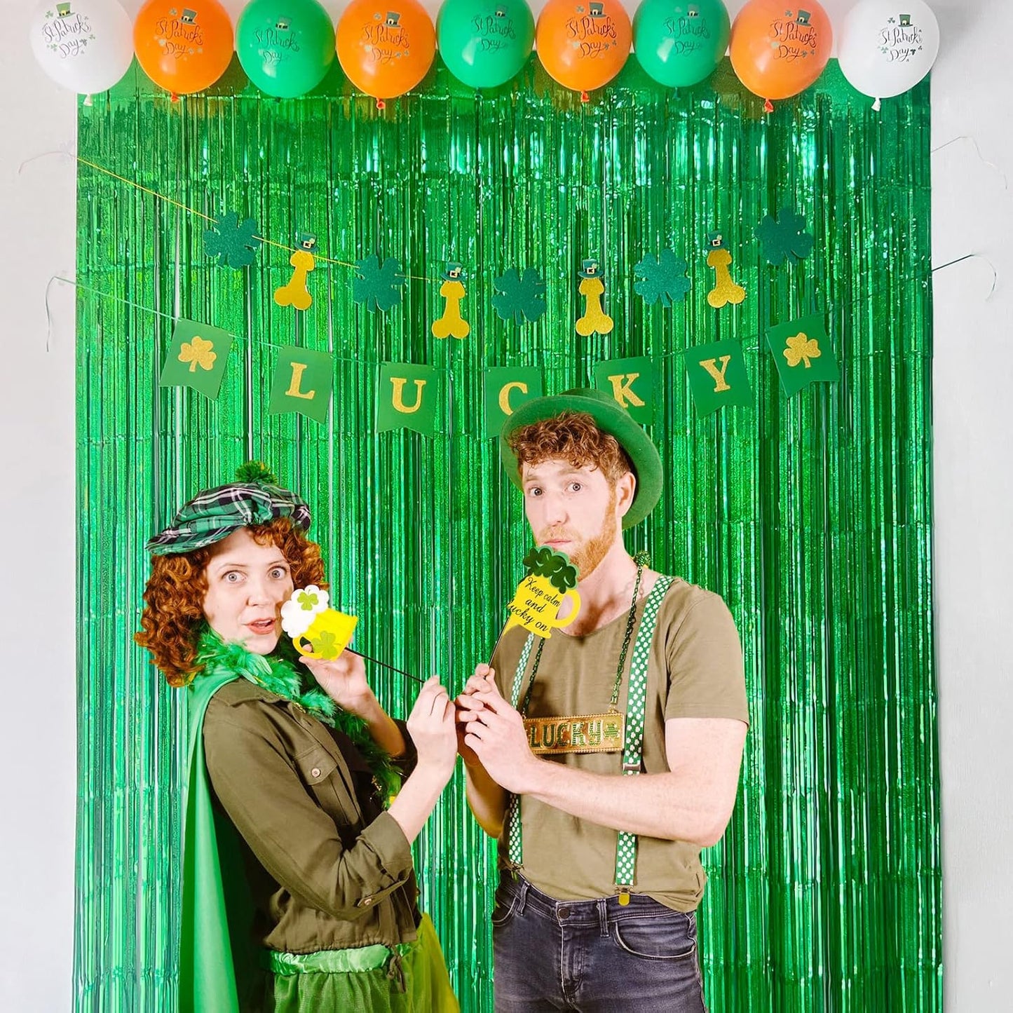 Melsan Foil Curtain Backdrop, 2 Pack 3.2 ft x 8.2 ft Tinsel Foil Fringe Curtains, Sparkle Metallic Foil Fringe Curtains for St Patricks Day Decorations Photo Booth Props Decoration, Green