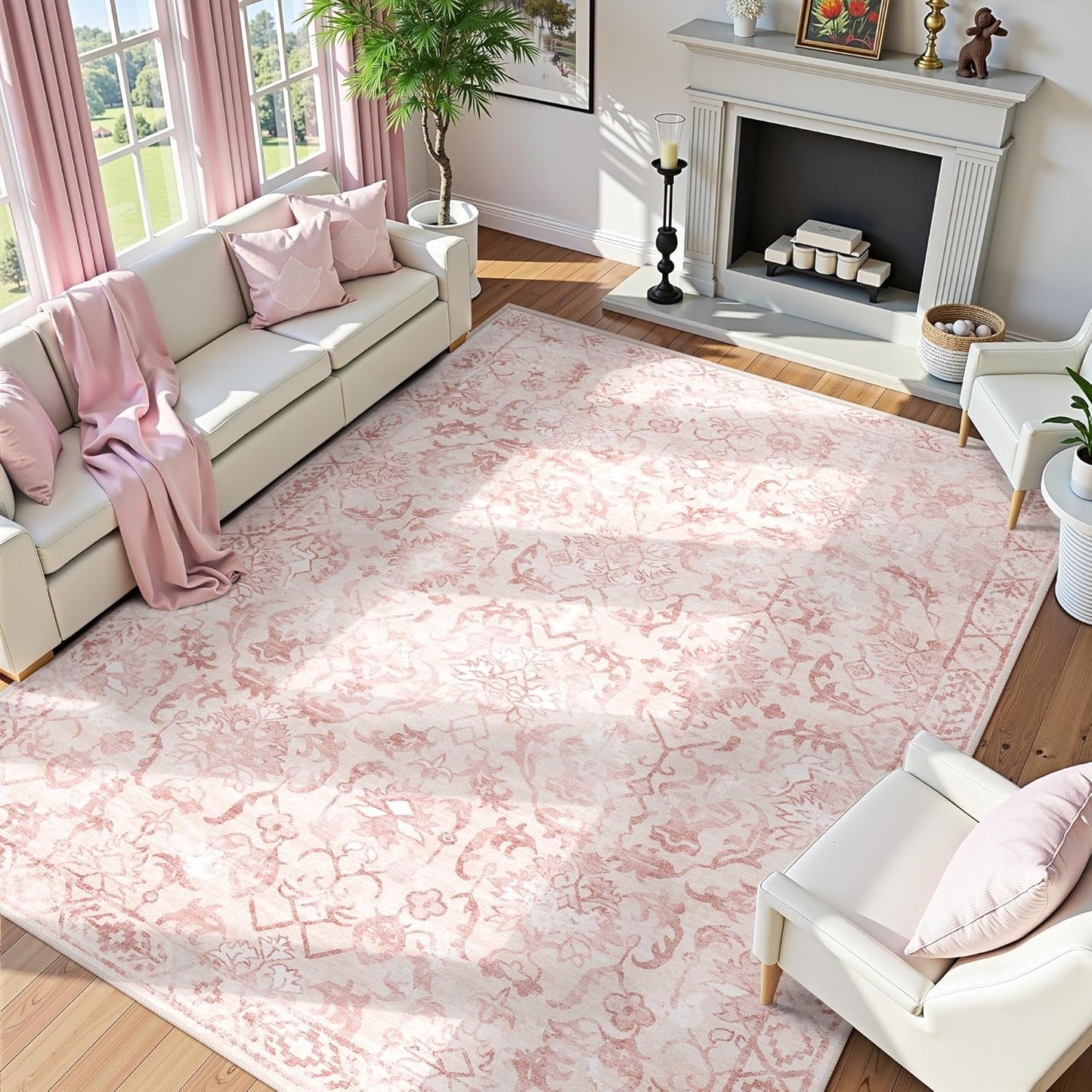 Pink Area Rugs 8x10 Rugs for Living Room, Traditional Washable Rugs for Bedroom Distressed Large Area Rug Living Room Rug Non Slip Rug Carpet for Dining Nursery