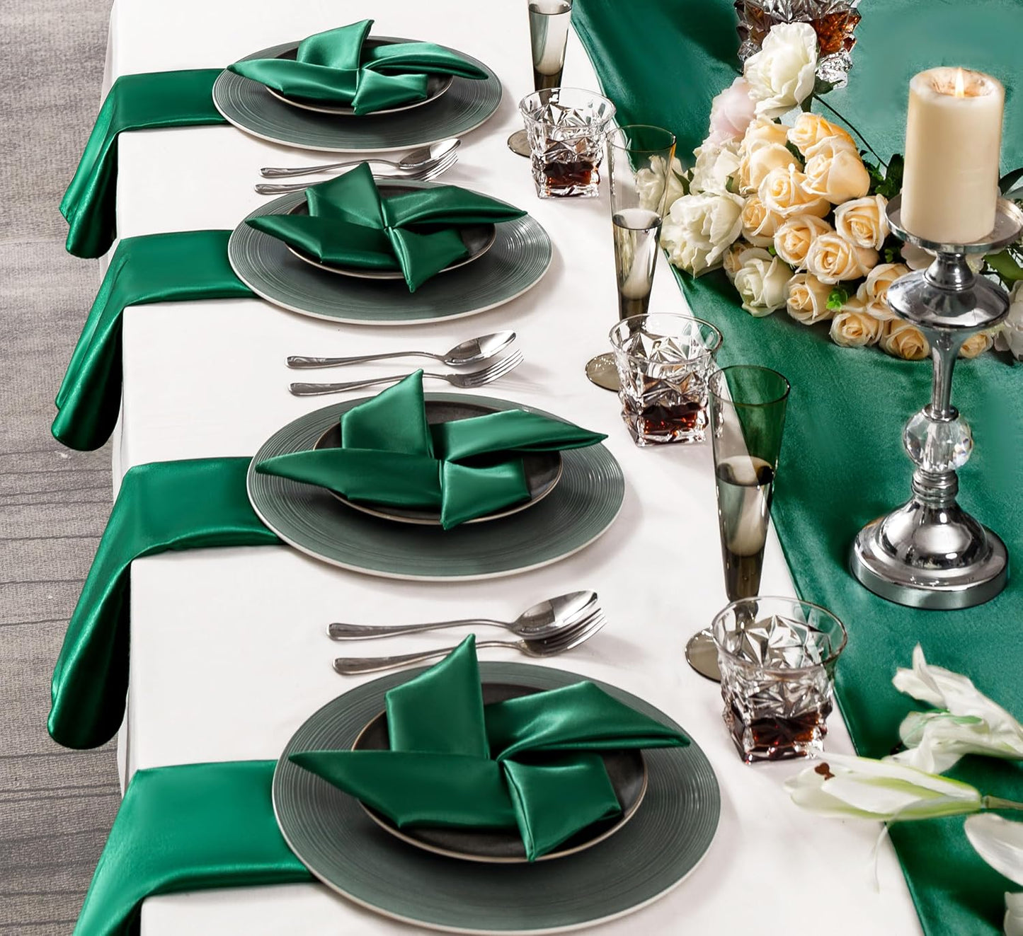 36 Pack Square Satin Dinner Napkins, 16x16 Inches Silky Soft Smooth Table Cloth Napkins for Restaurant Weddings Banquet Party Decoration, Blackish Green