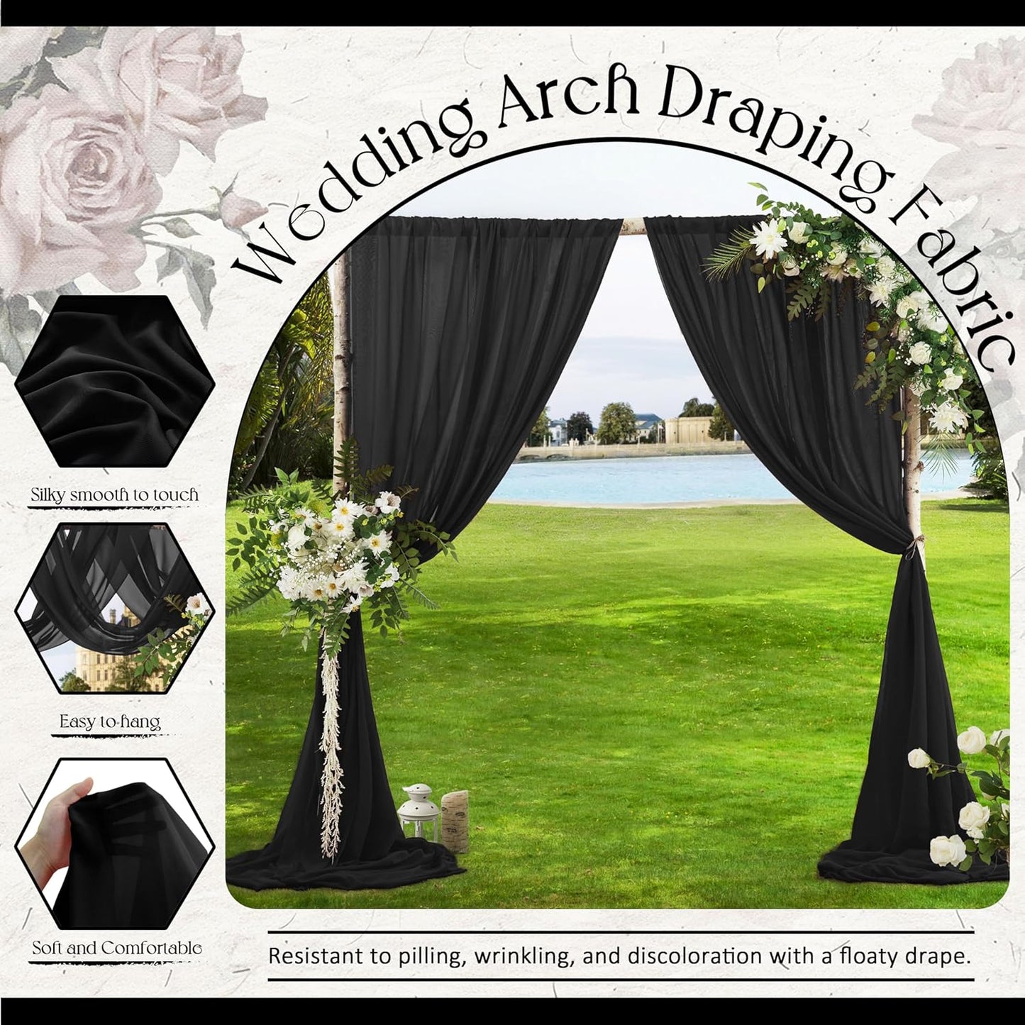 VACVELT Wedding Arch Draping Fabric - Black Chiffon, 2 Panels Sheer Drapes, 30 Inch x 20ft Backdrop Curtain, Outdoor Sheer Drapery for Ceremony Party Ceiling
