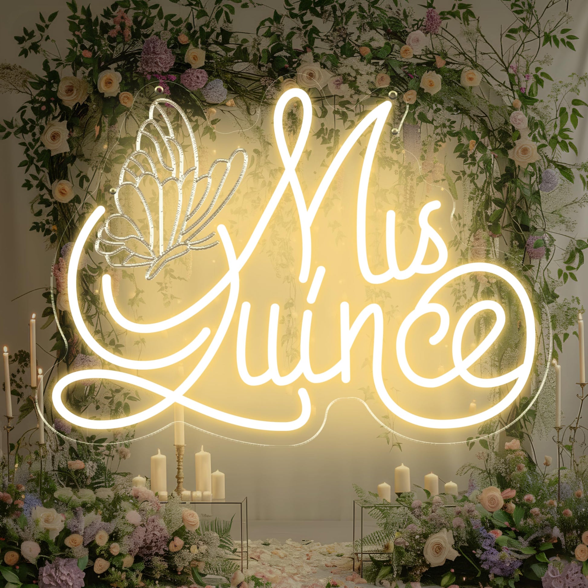 Mis Quince Neon Sign with Engraved Butterfly Design for Quinceanera Decor