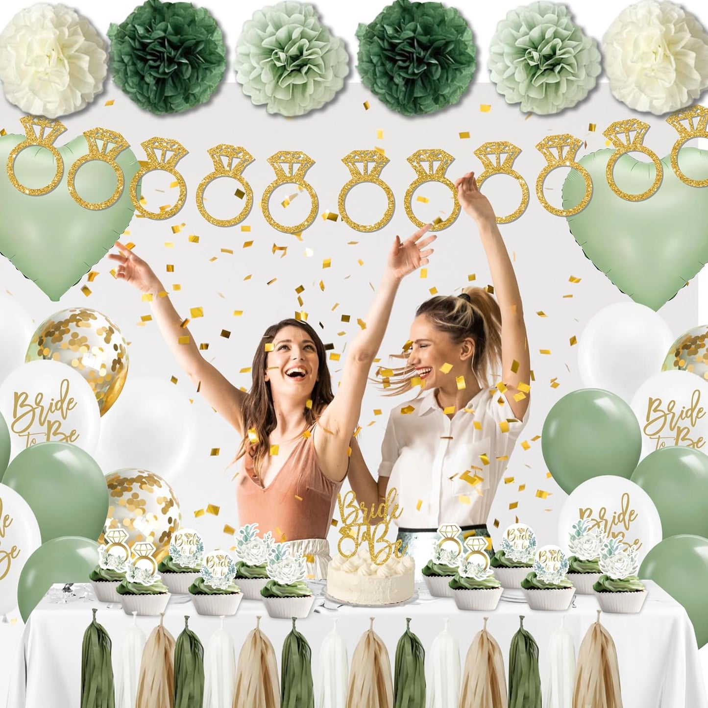 Sage Green Bridal Shower Decorations,Bachelorette Party Decorations, Bride to Be Backdrop, Bridal Shower Balloons, Paper Pom Poms Bride to Be Party Supplies for bridal shower