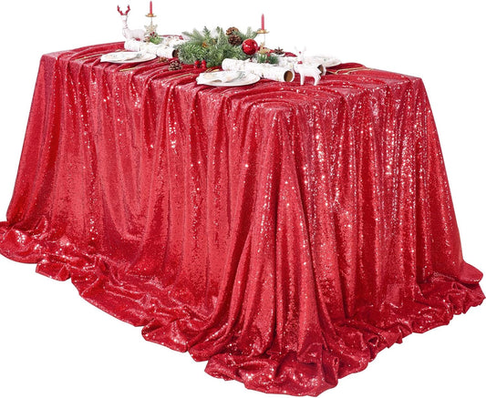 QueenDream Red Sequin Tablecloth 90x132 Inch Red Glitter Table Cloth for Birthday Bridal Shower Party Christmas