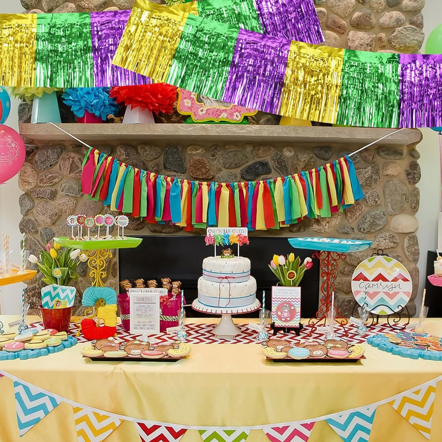 BEISHIDA 3 Packs Metallic Foil Fringe Garland Green Gold Purple Wall Hanging Tinsel Fringe Banners for Car Floats Bridal Shower Wedding Birthday Easter Graduation Holiday Party Deco(30 Feet)