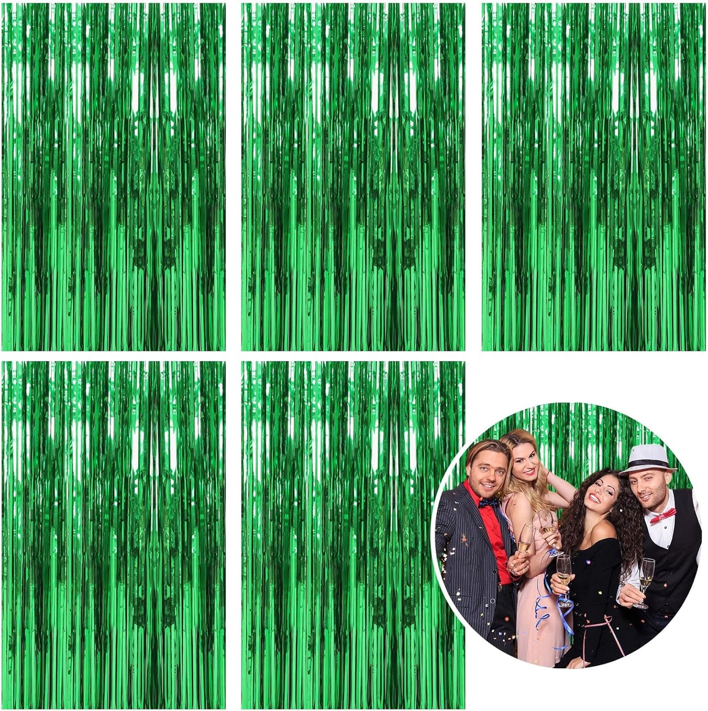 5 Pack Foil Curtain Backdrop Green Metallic Tinsel Foil Fringe Curtains Photo Booth Props for Birthday Wedding Engagement Baby Shower Bachelorette Christmas Holiday Celebration Party Decorations