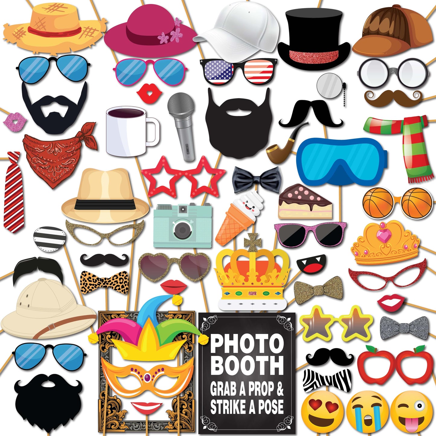 Party Photo Booth Props - 60-pc Photobooth Kit with 8 x 10-Inch Sign, 60 Adhesive Pads, 45 Sticks