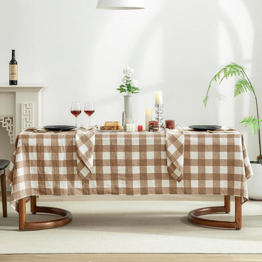 EVERLY 100% Yarn-Dyed Linen Rectangle Tablecloths 60x120Inches for Dining,Buffet Parties,Picnic,Events and Restaurants,Decorative Halloween,Thanksgiving Machine Washable Tablecloths-Brown Plaid